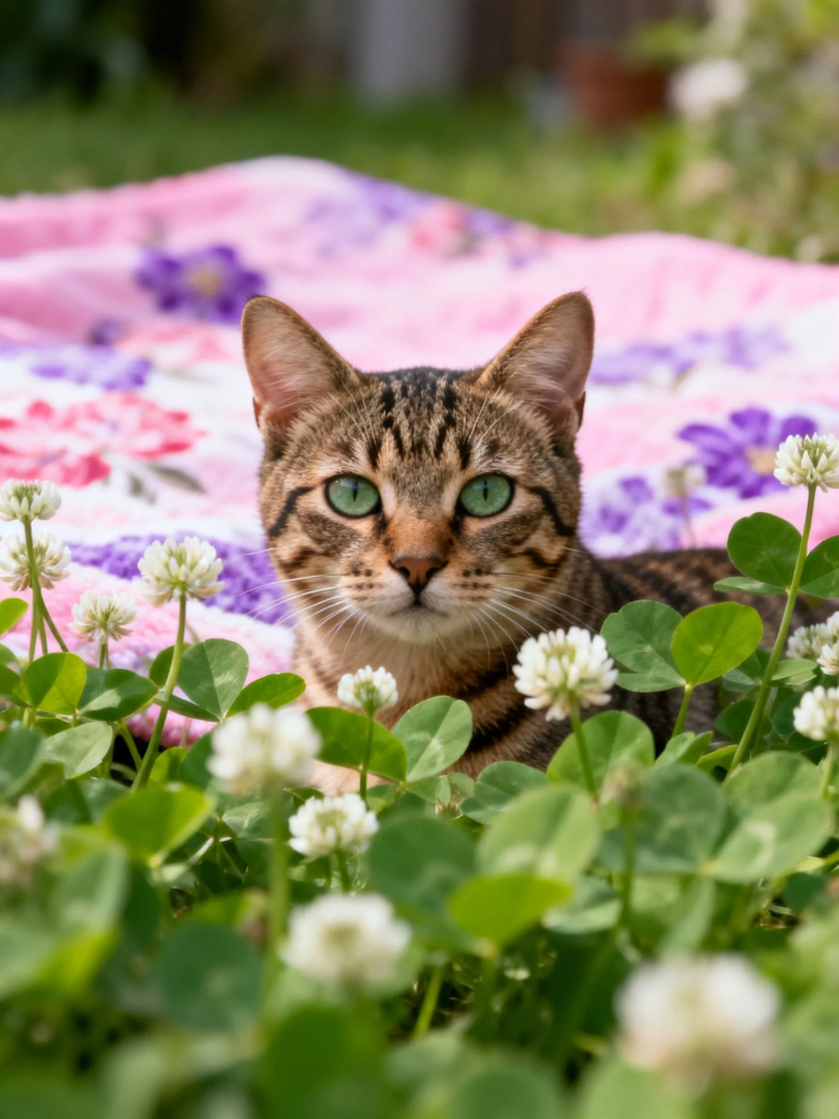 A tabby cat with green eyes rests amid clover near a pink floral blanket