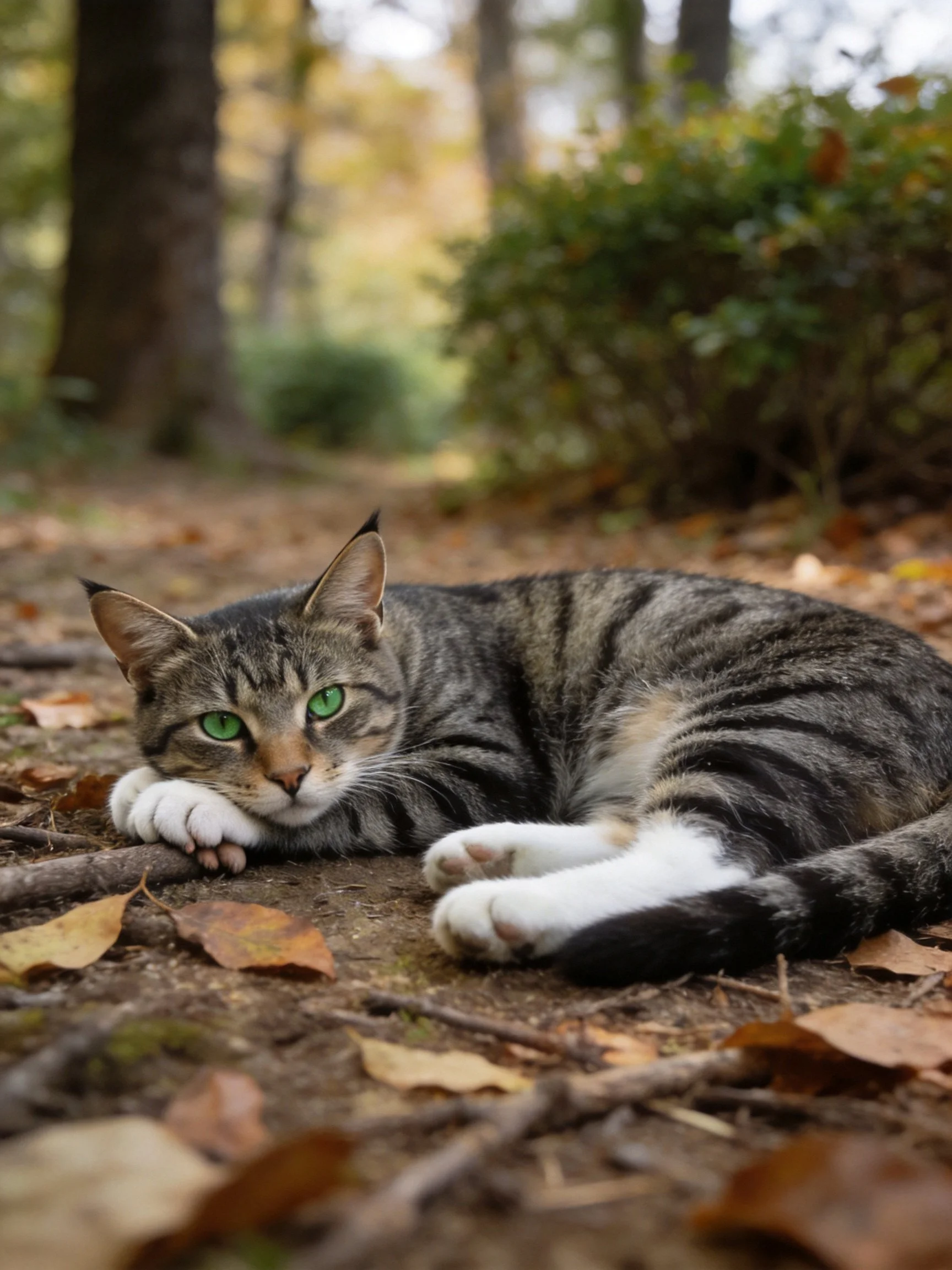 A tabby cat with green eyes rests among autumn leaves in a wooded area