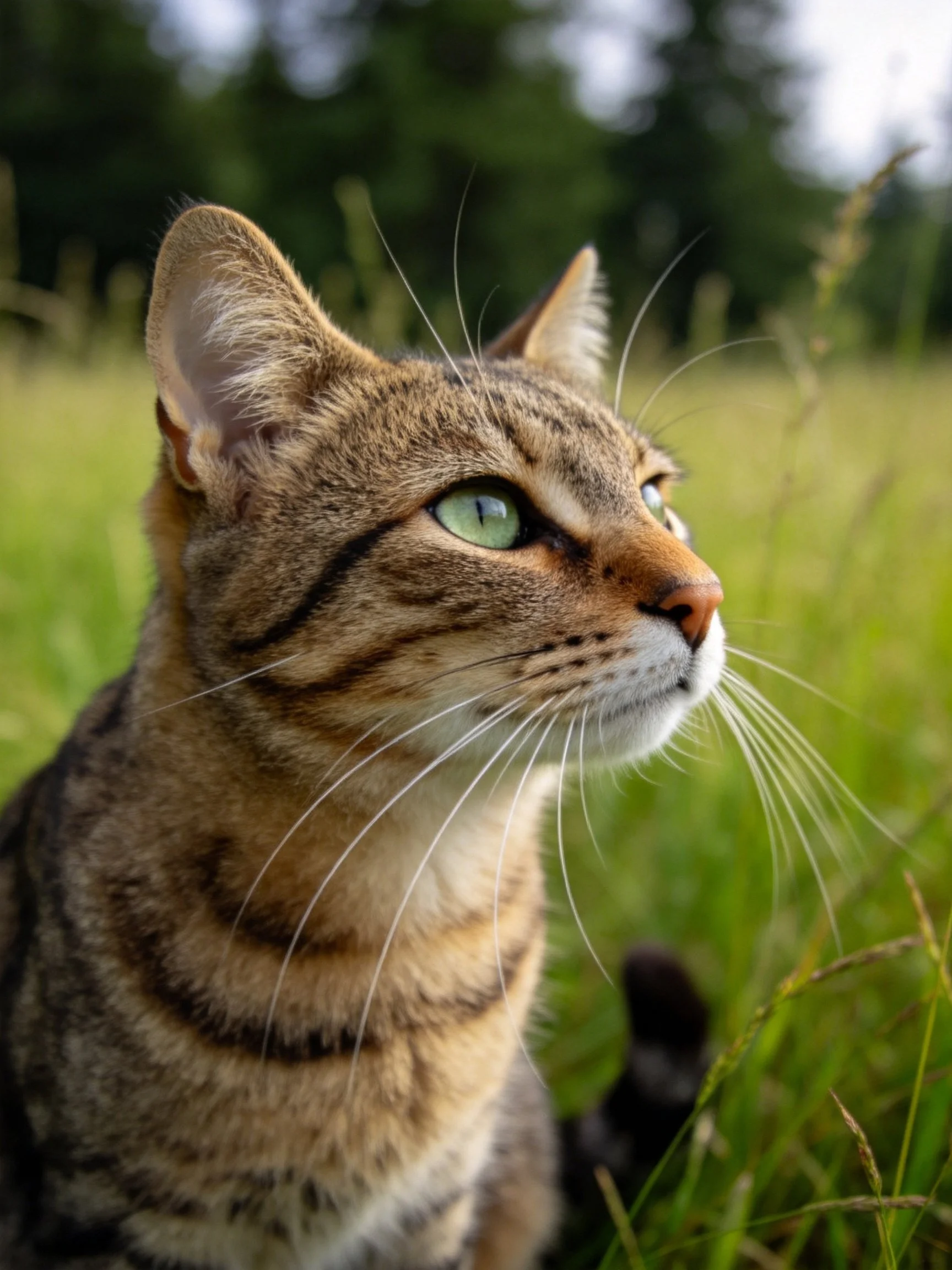 A tabby cat with green eyes rests in a sunlit grassy area