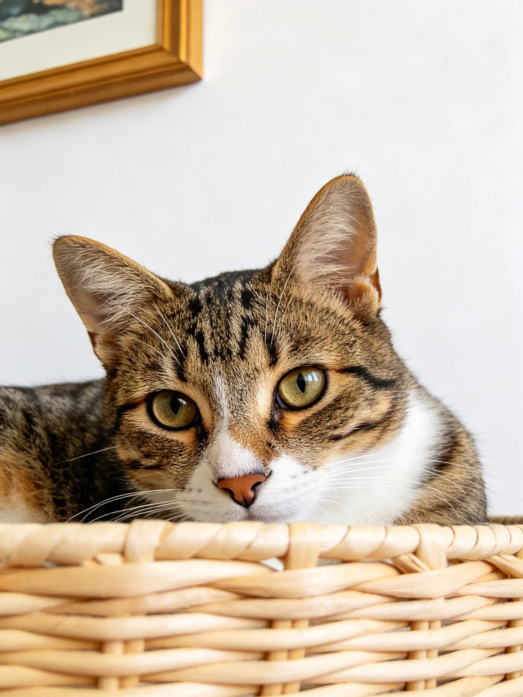 A tabby cat with green eyes rests in a woven basket near a framed picture