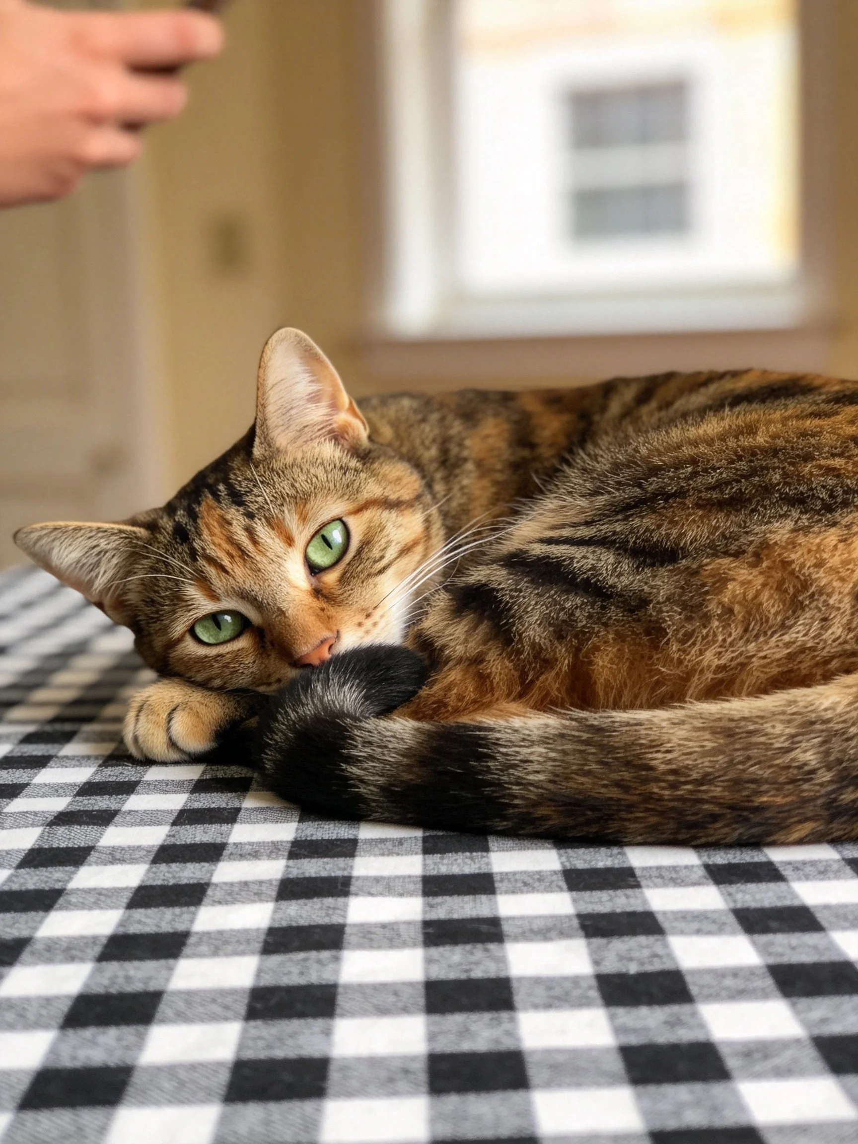 A tabby cat with green eyes rests on a black - white checkered surface near a hand