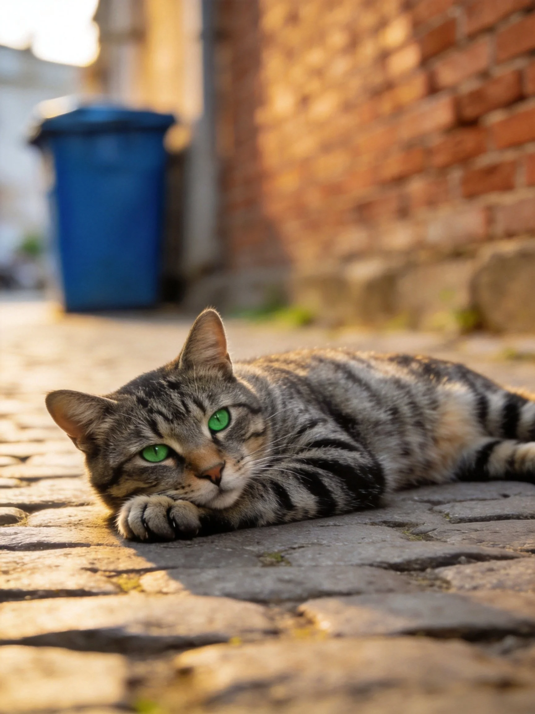 A tabby cat with green eyes rests on a cobblestone path near a brick wall