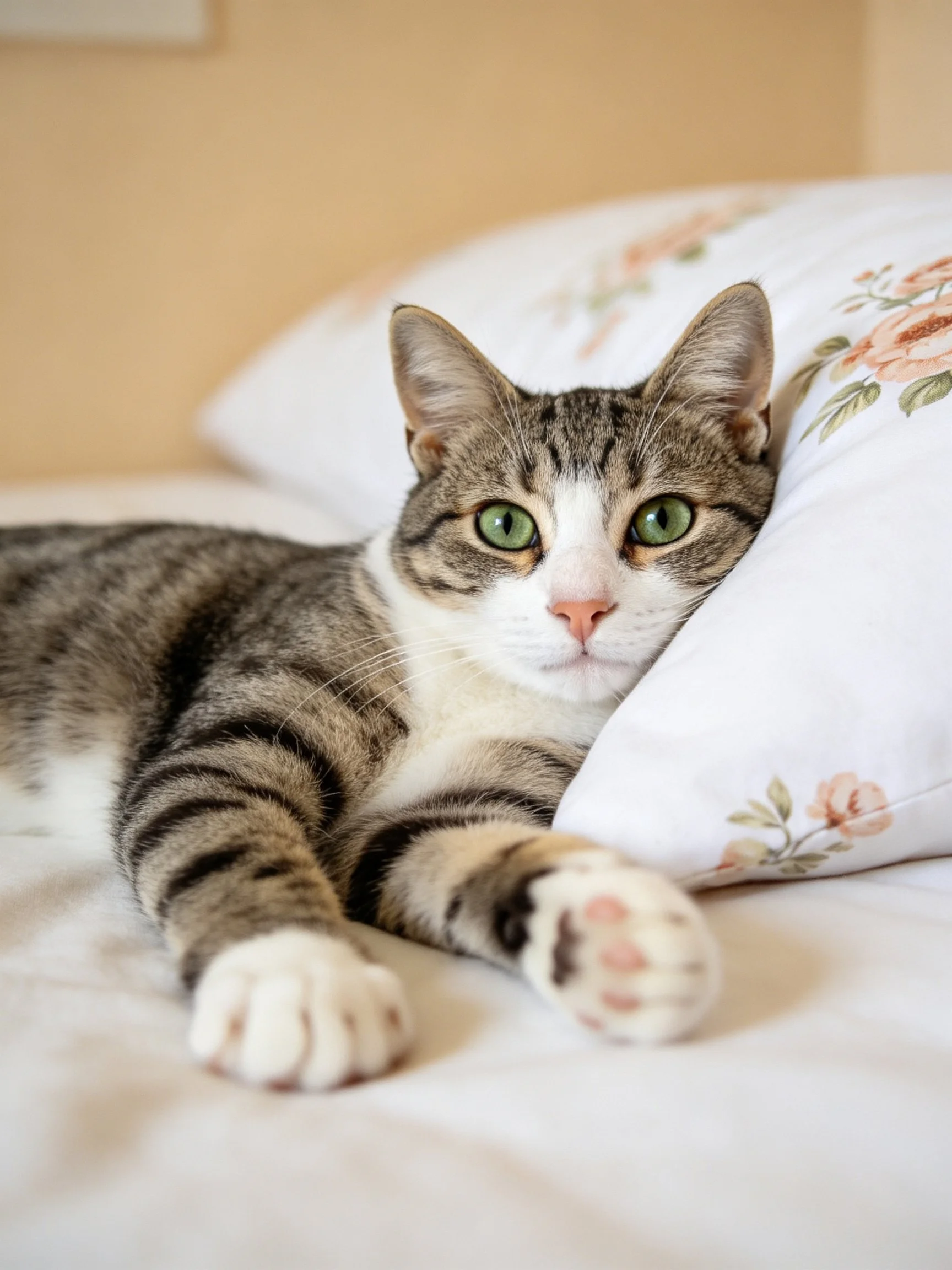 A tabby cat with green eyes rests on a floral pillow
