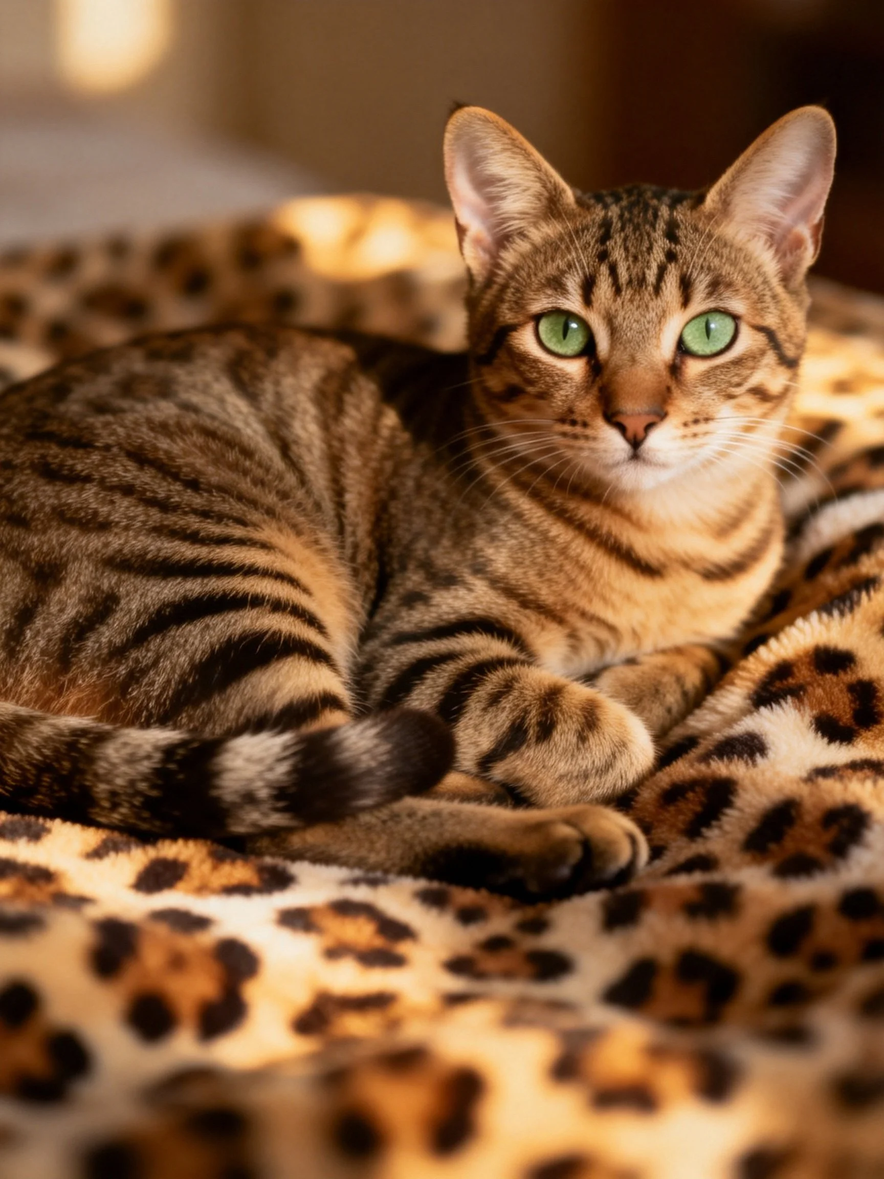 A tabby cat with green eyes rests on a leopard - print blanket