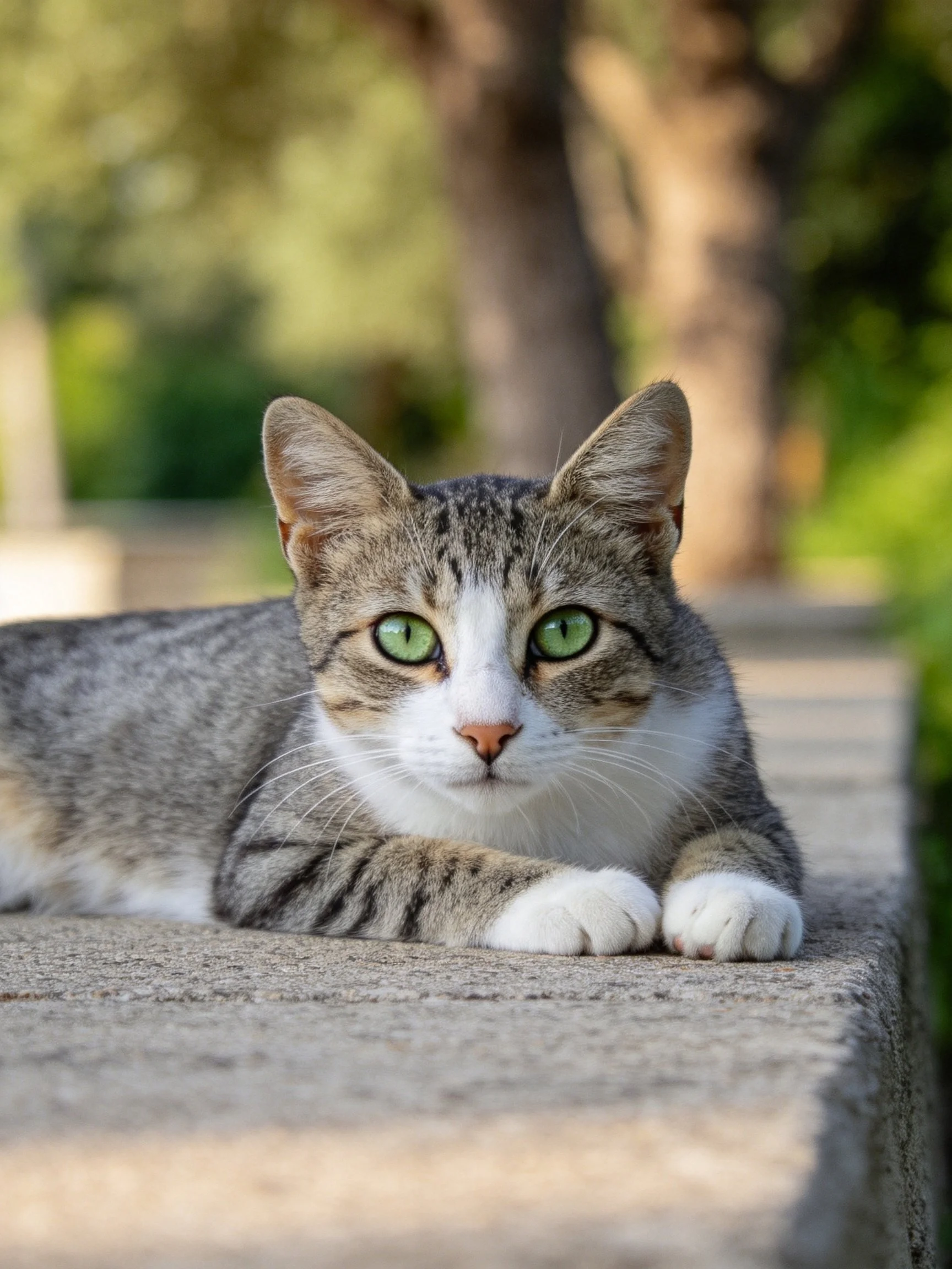 A tabby cat with green eyes relaxes on a stone ledge in a sunlit outdoor area.