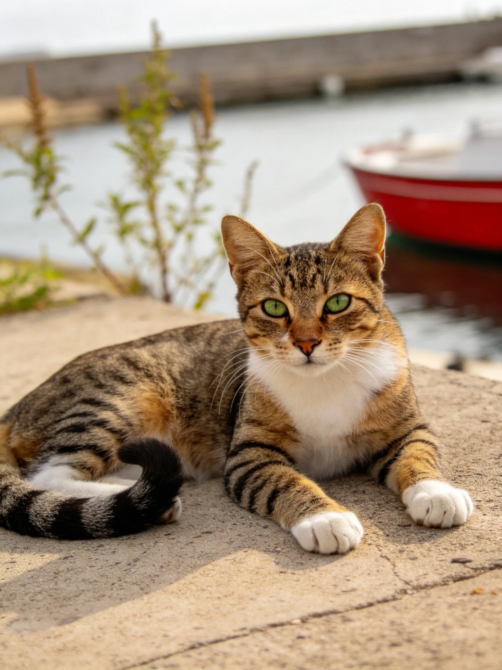 A tabby cat with green eyes rests on a stone surface by a marina