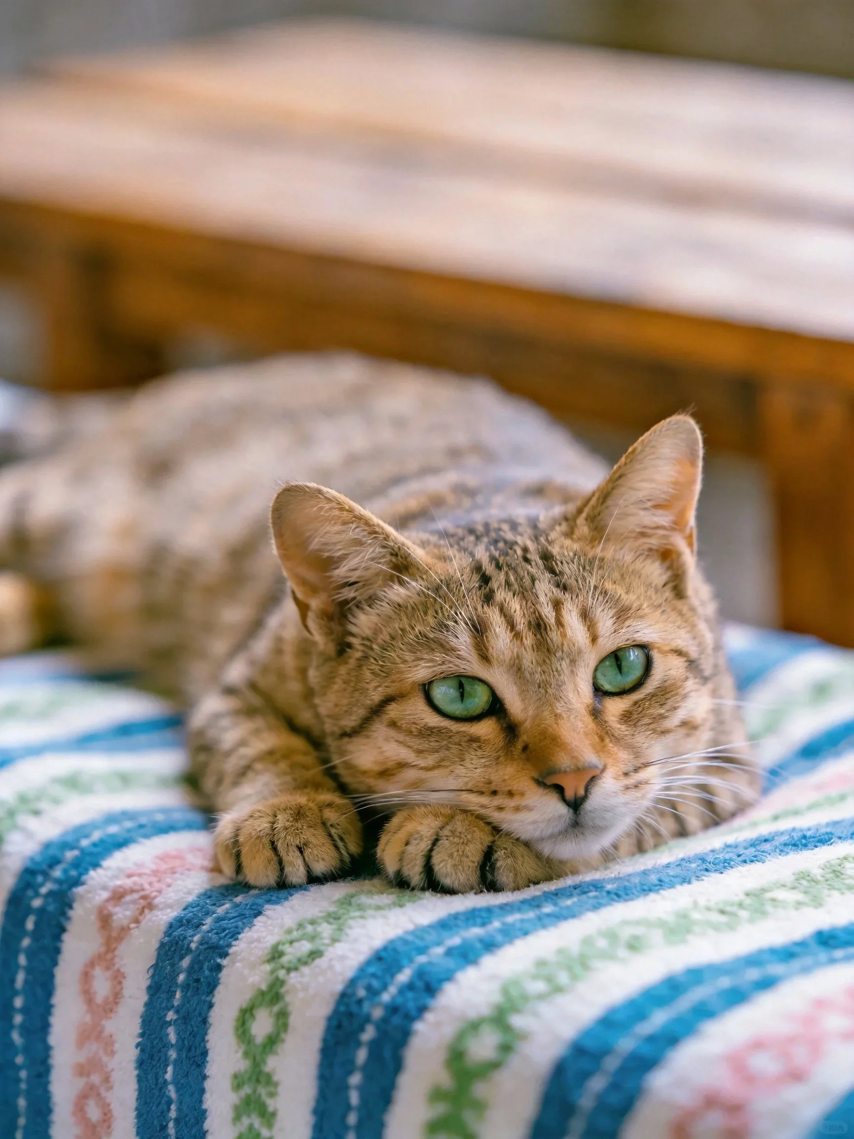 A tabby cat with green eyes rests on a striped towel