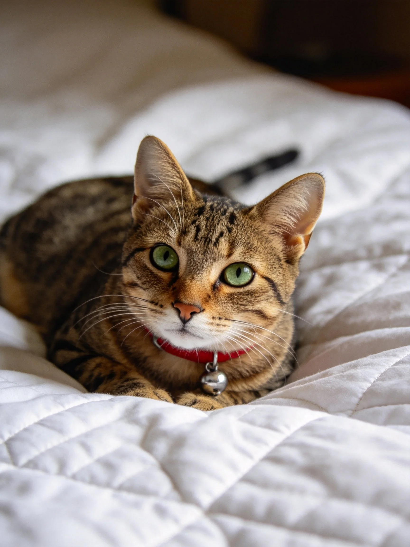 A tabby cat with green eyes relaxes on a white quilted bed