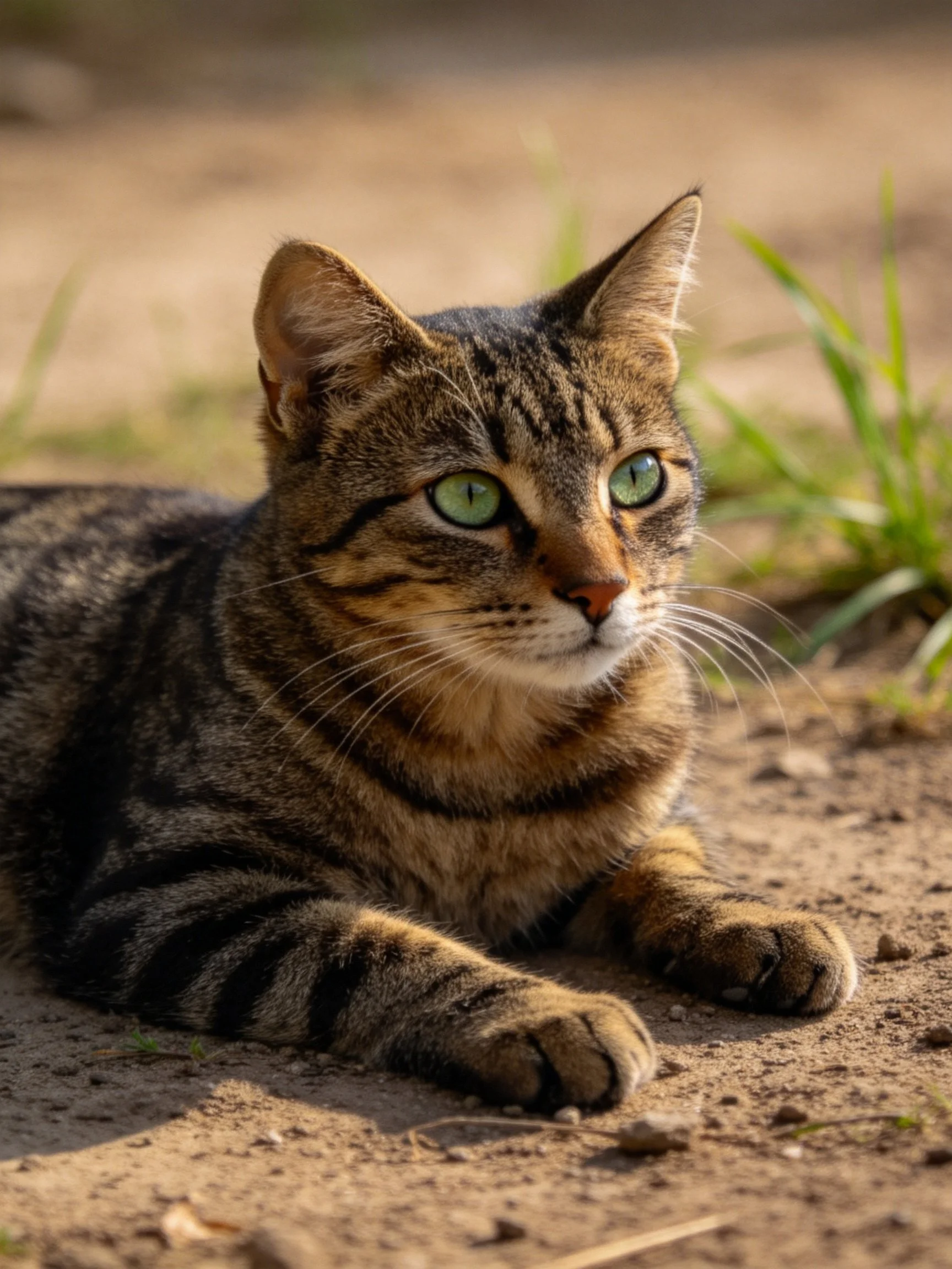 A tabby cat with green eyes rests on sandy terrain