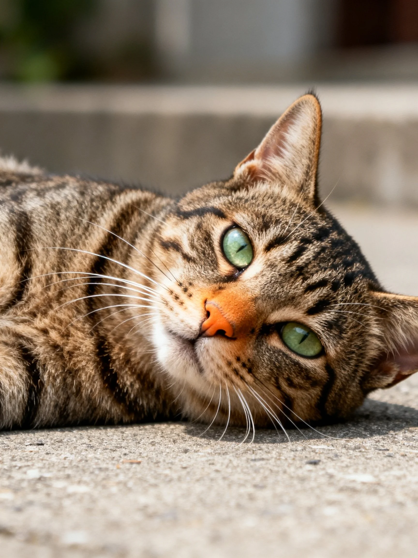 Tabby cat with green eyes relaxes on a concrete surface.
