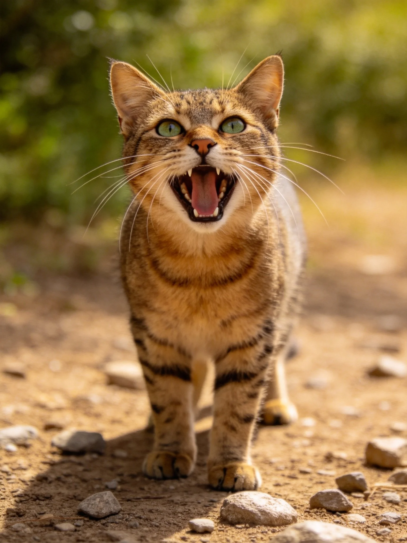 A tabby cat with green eyes roaring on a rocky dirt path