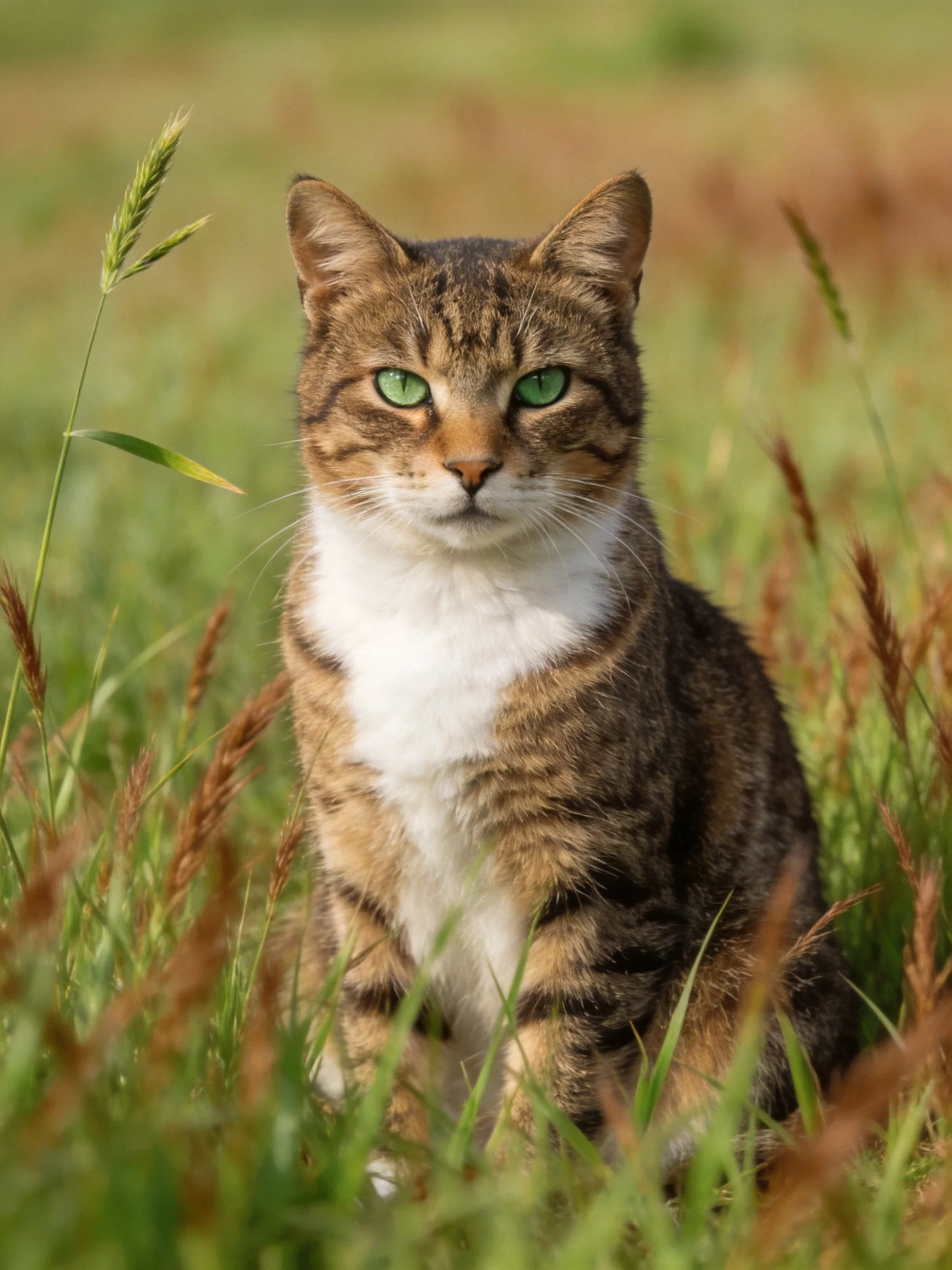 A tabby cat with green eyes sits amid tall grasses