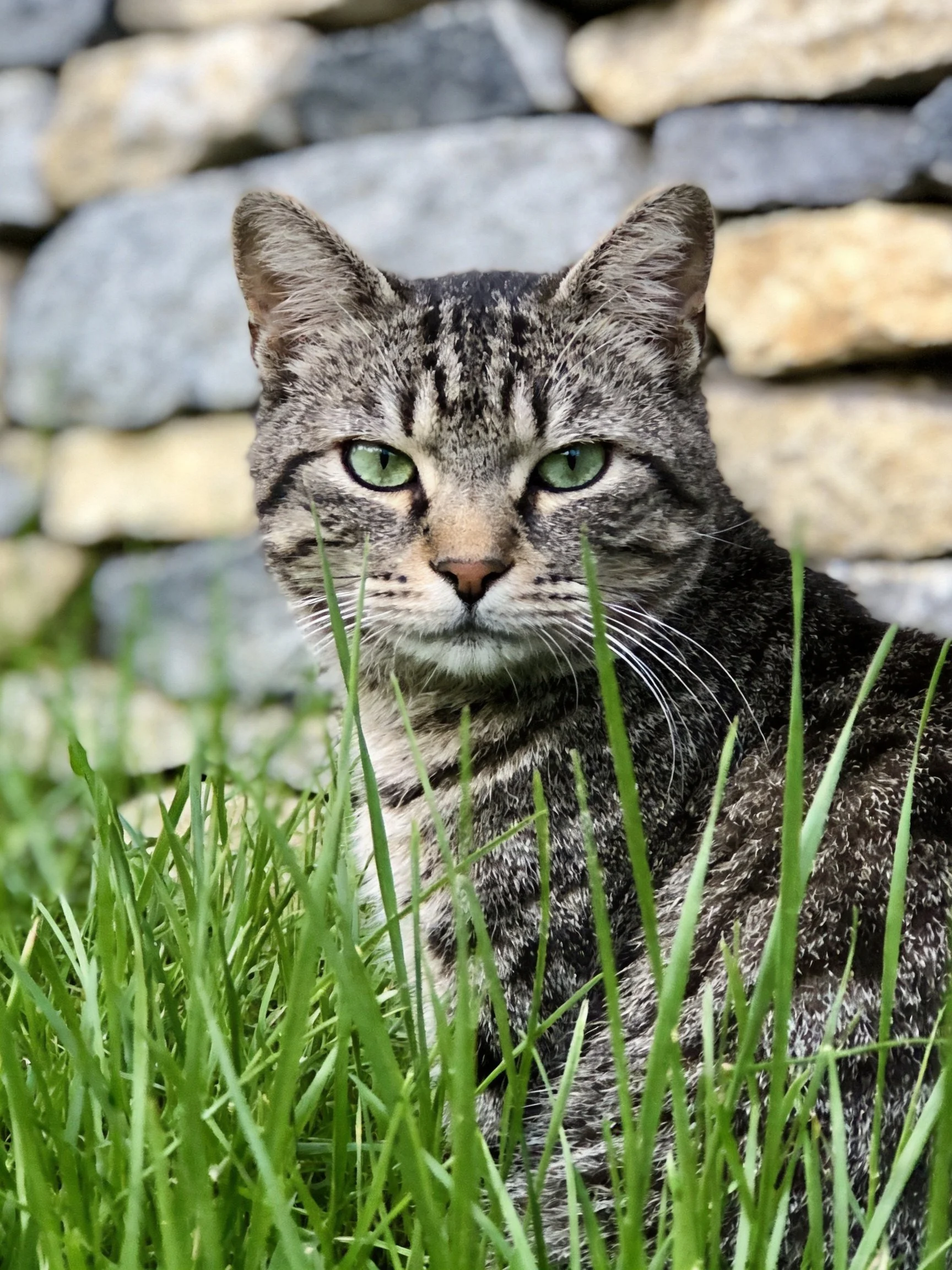 A tabby cat with green eyes rests amid tall grass beside a stone wall.