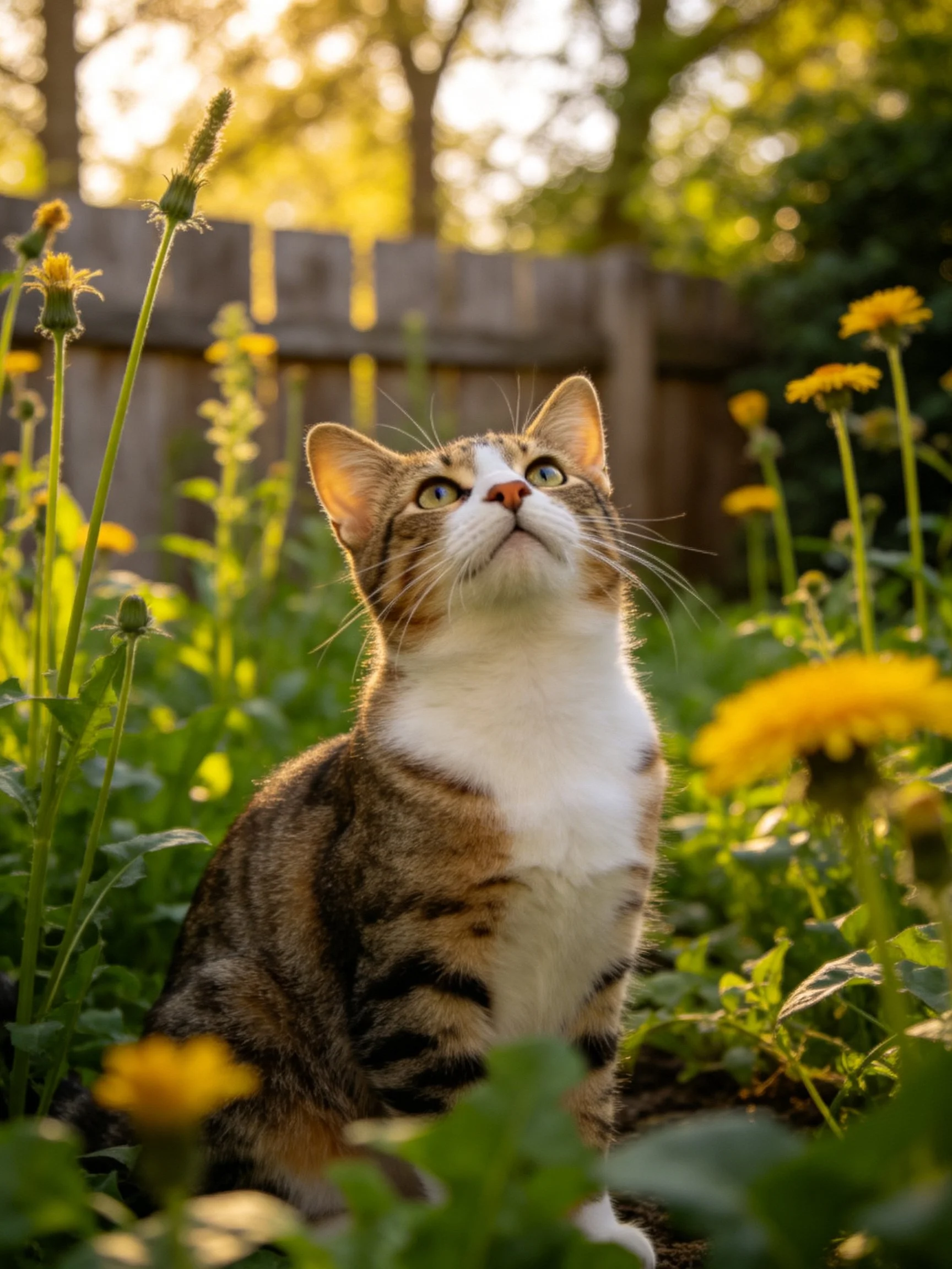 A tabby cat with green eyes sits among yellow flowers in a sunlit garden
