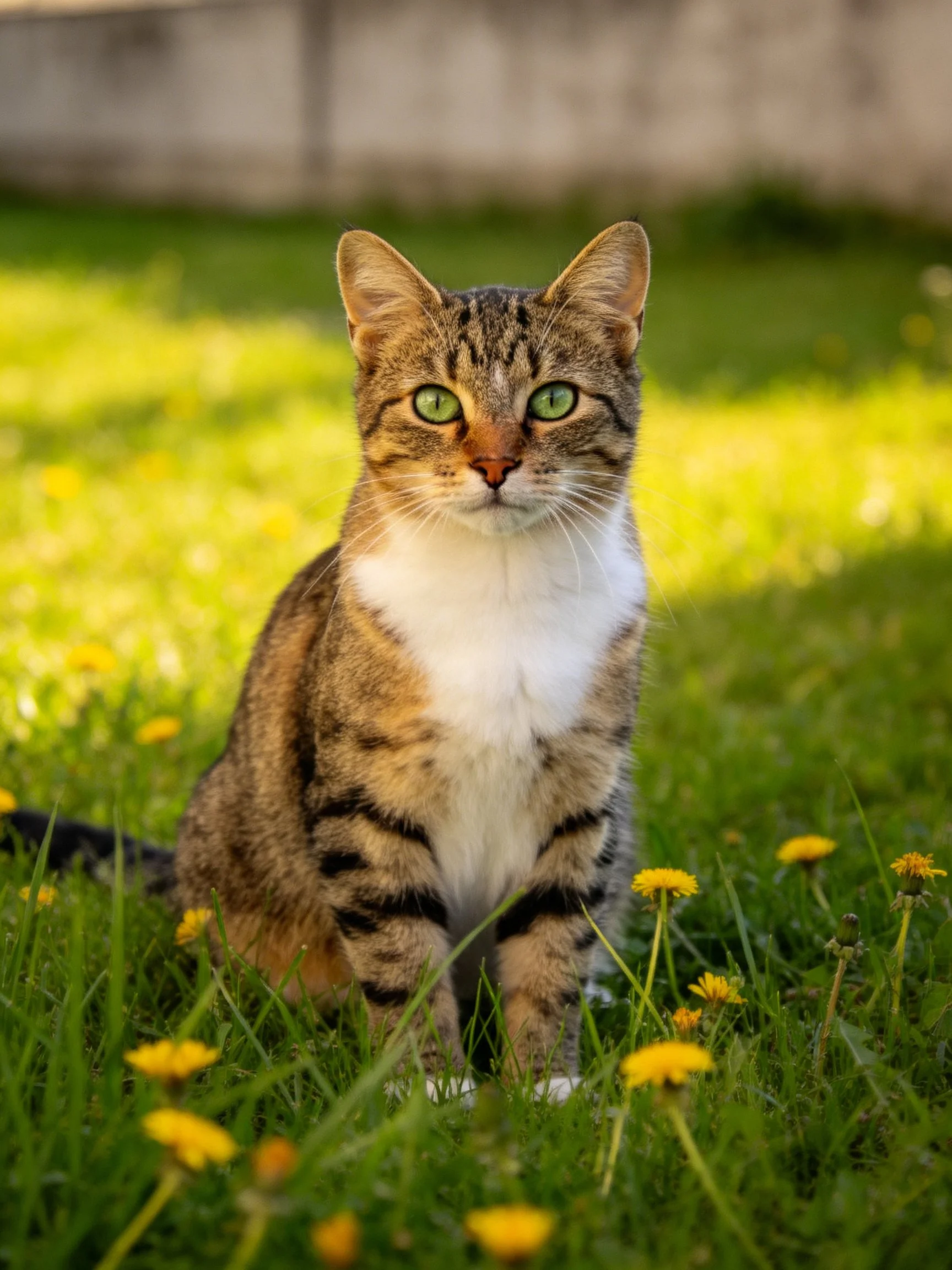 A tabby cat with green eyes sits among yellow flowers in lush grass