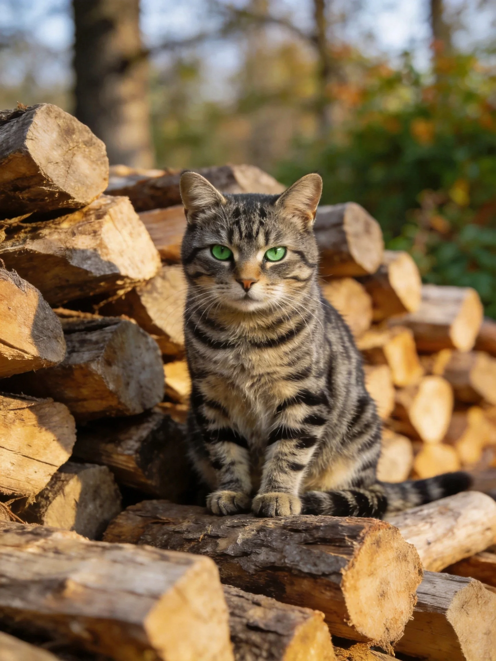 A tabby cat with green eyes sits on stacked firewood in an outdoor setting.