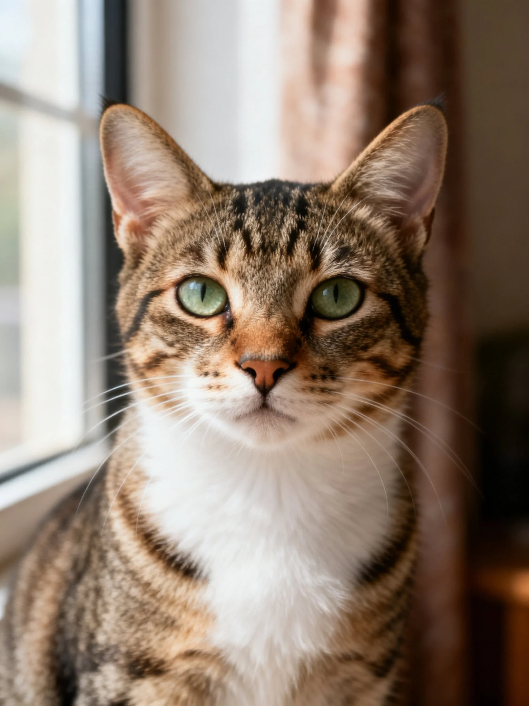 A tabby cat with green eyes sits by a bright window.
