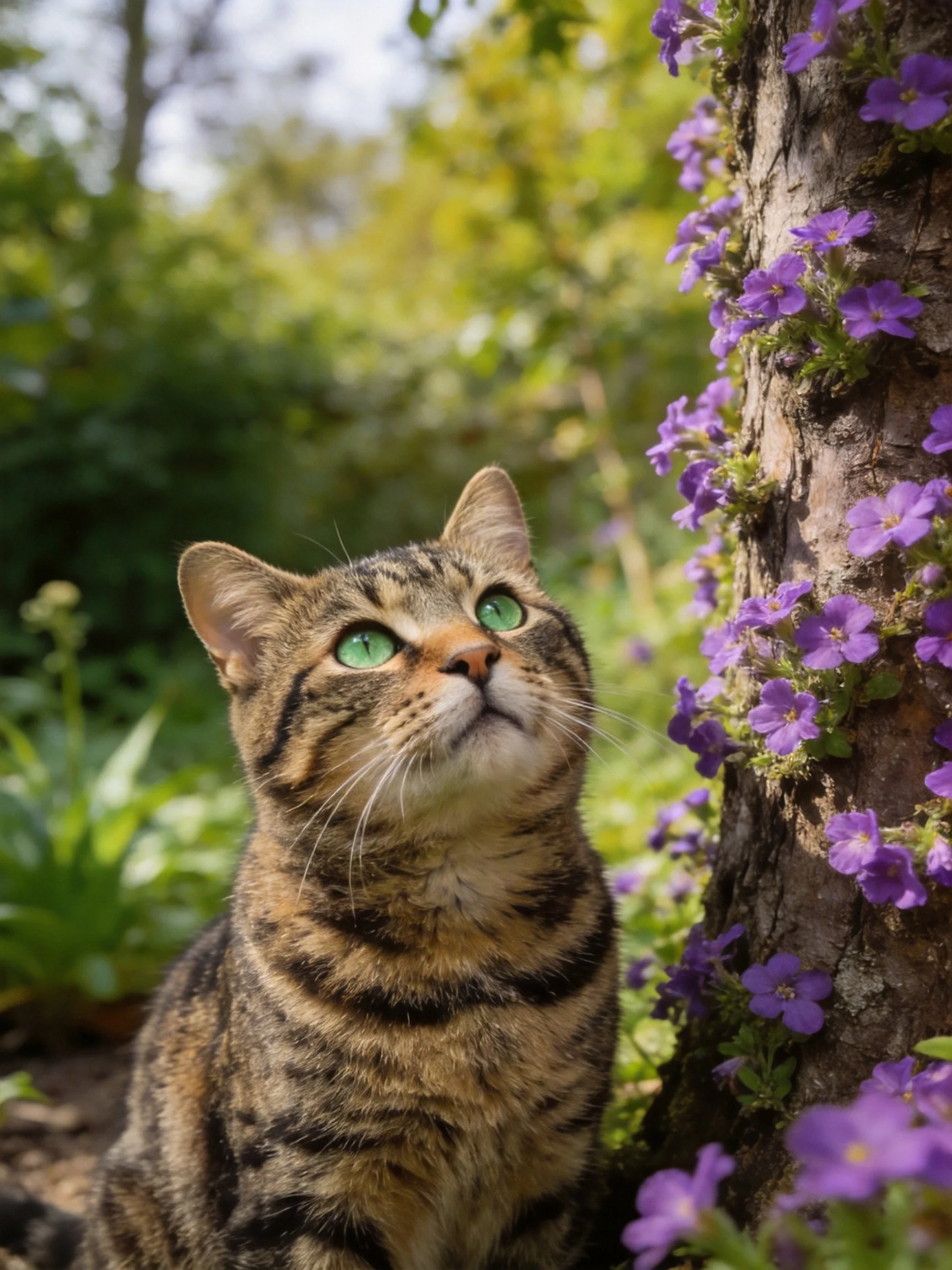 A tabby cat with green eyes sits by a tree with purple blossoms