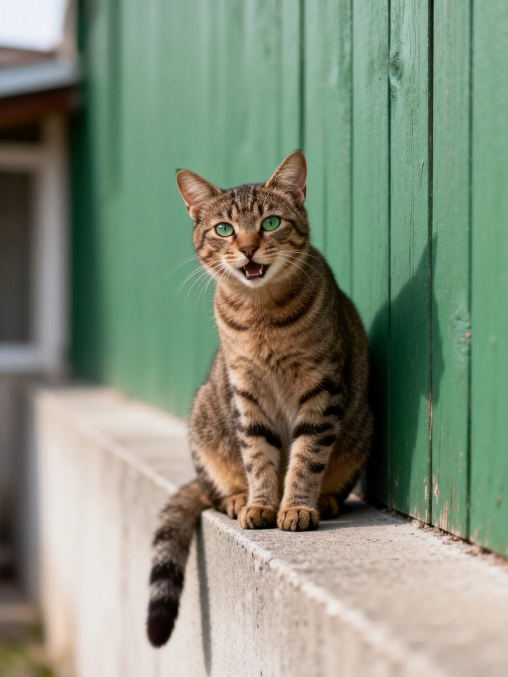 A tabby cat with green eyes sits near a weathered green wooden wall.