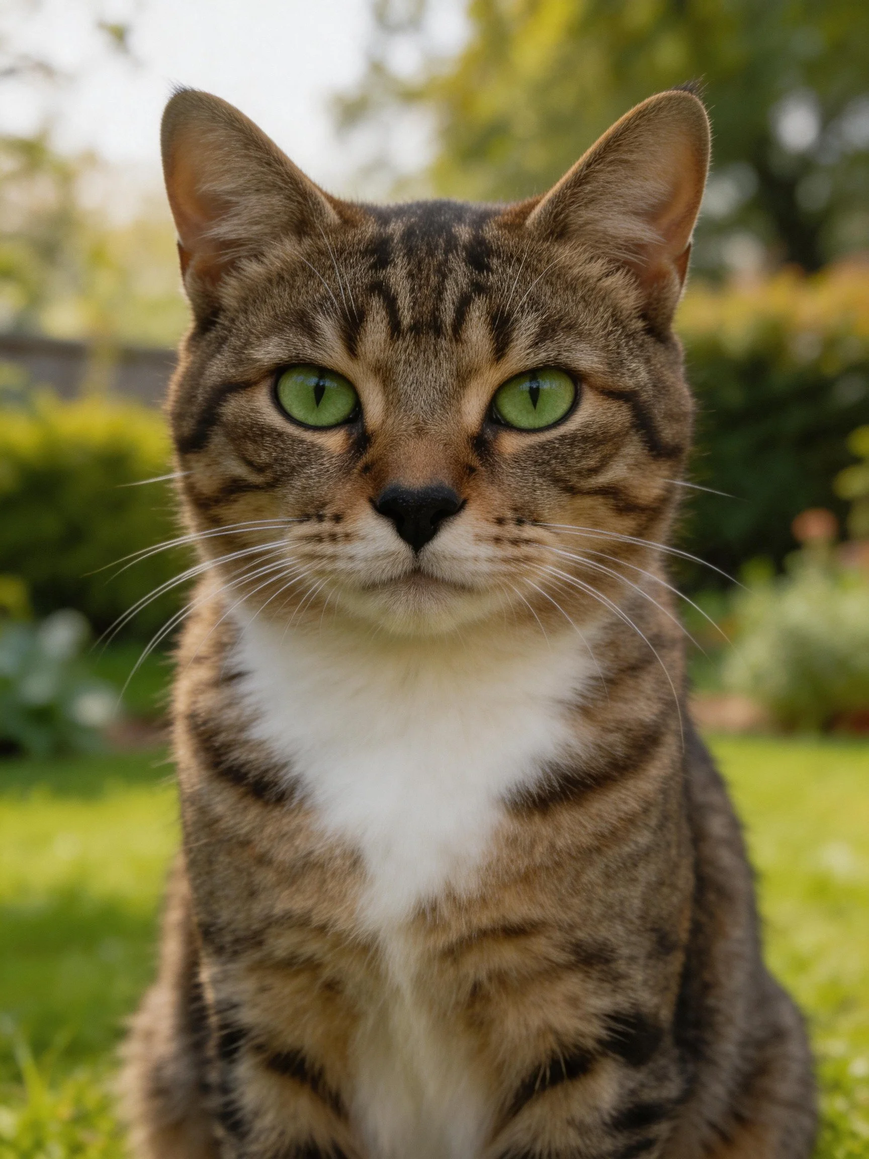 A tabby cat with green eyes sits calmly in a sunlit outdoor garden.