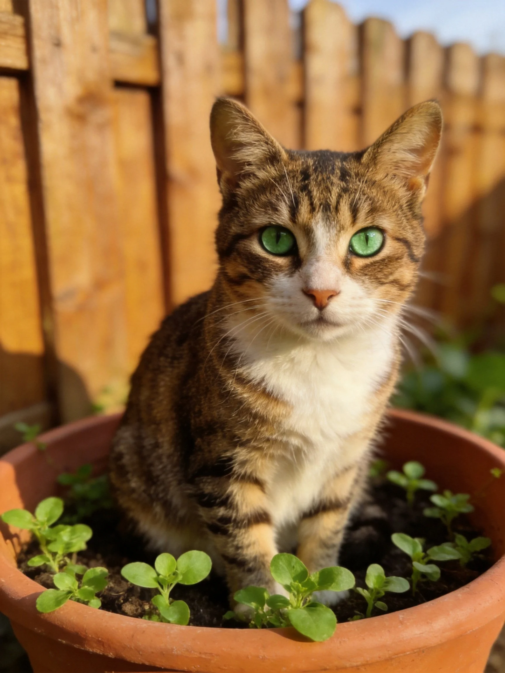 A tabby cat with green eyes sits in a terracotta pot with small plants