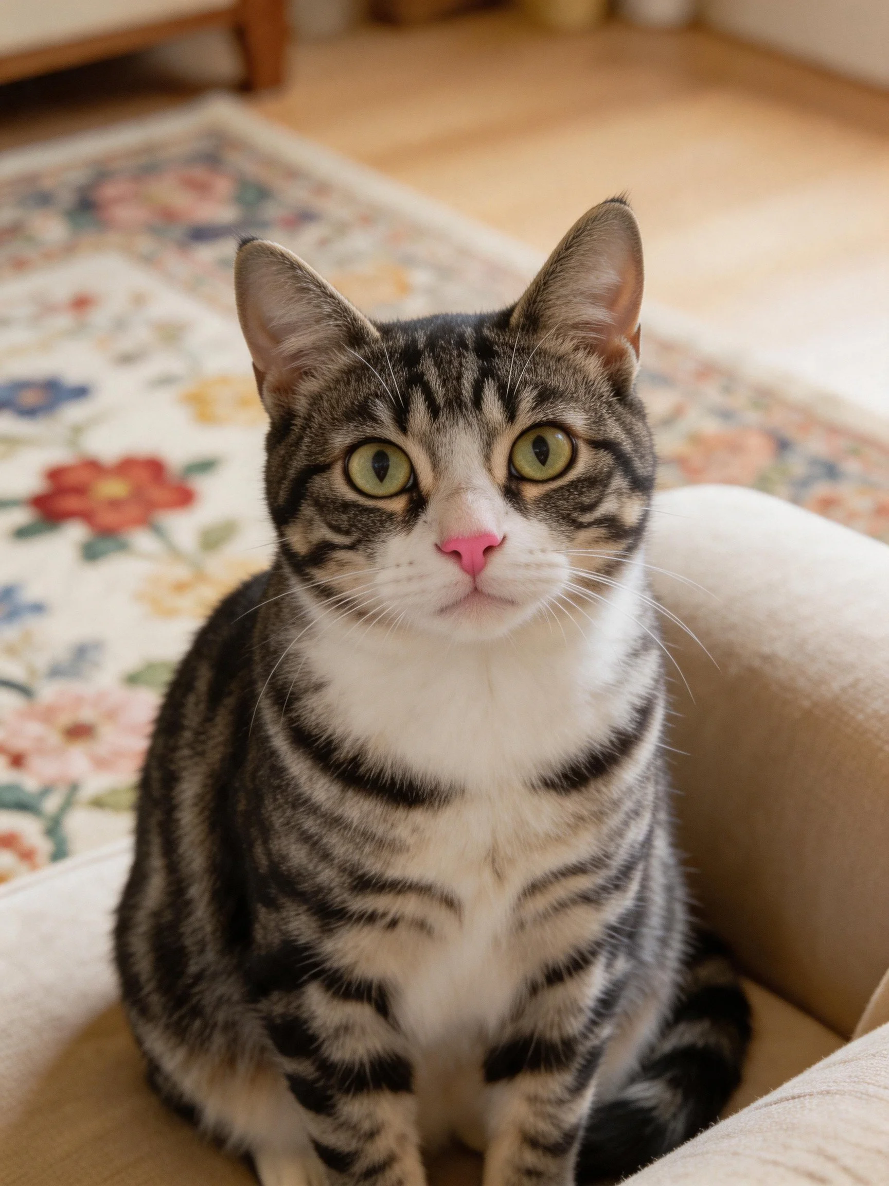 A tabby cat with green eyes sits on a beige chair beside a floral rug.