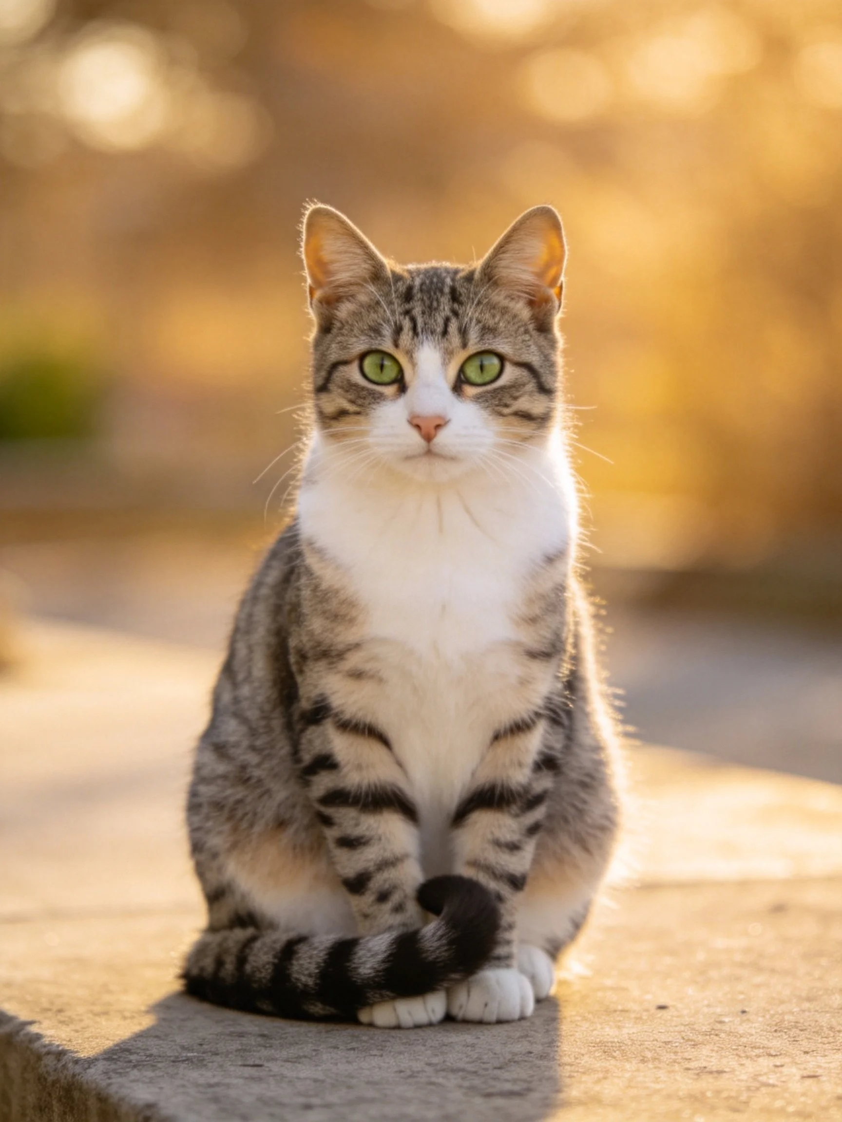 A tabby cat with green eyes sits calmly on a concrete surface amid soft, golden outdoor lighting.