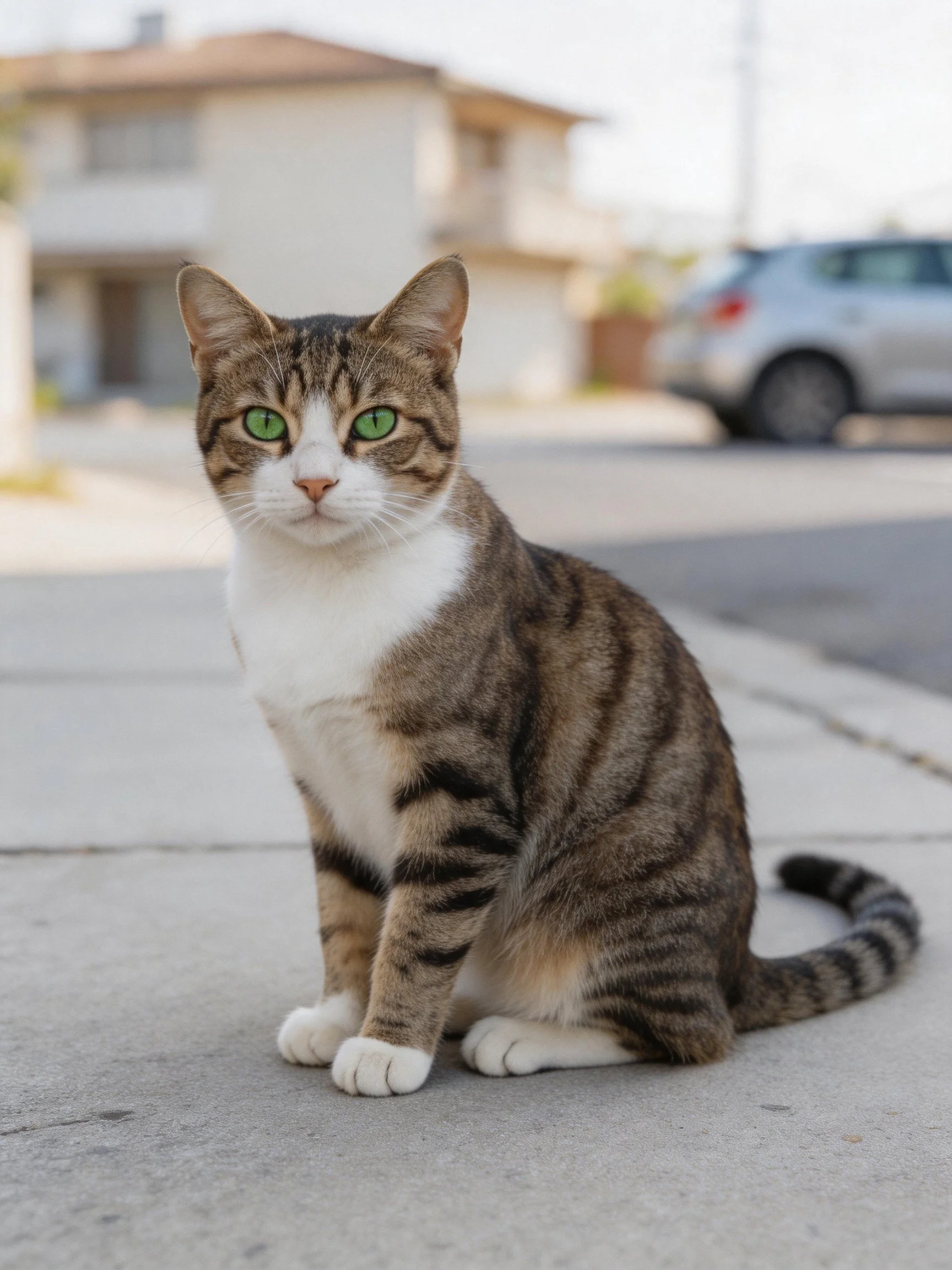 A tabby cat with green eyes sits on a concrete sidewalk