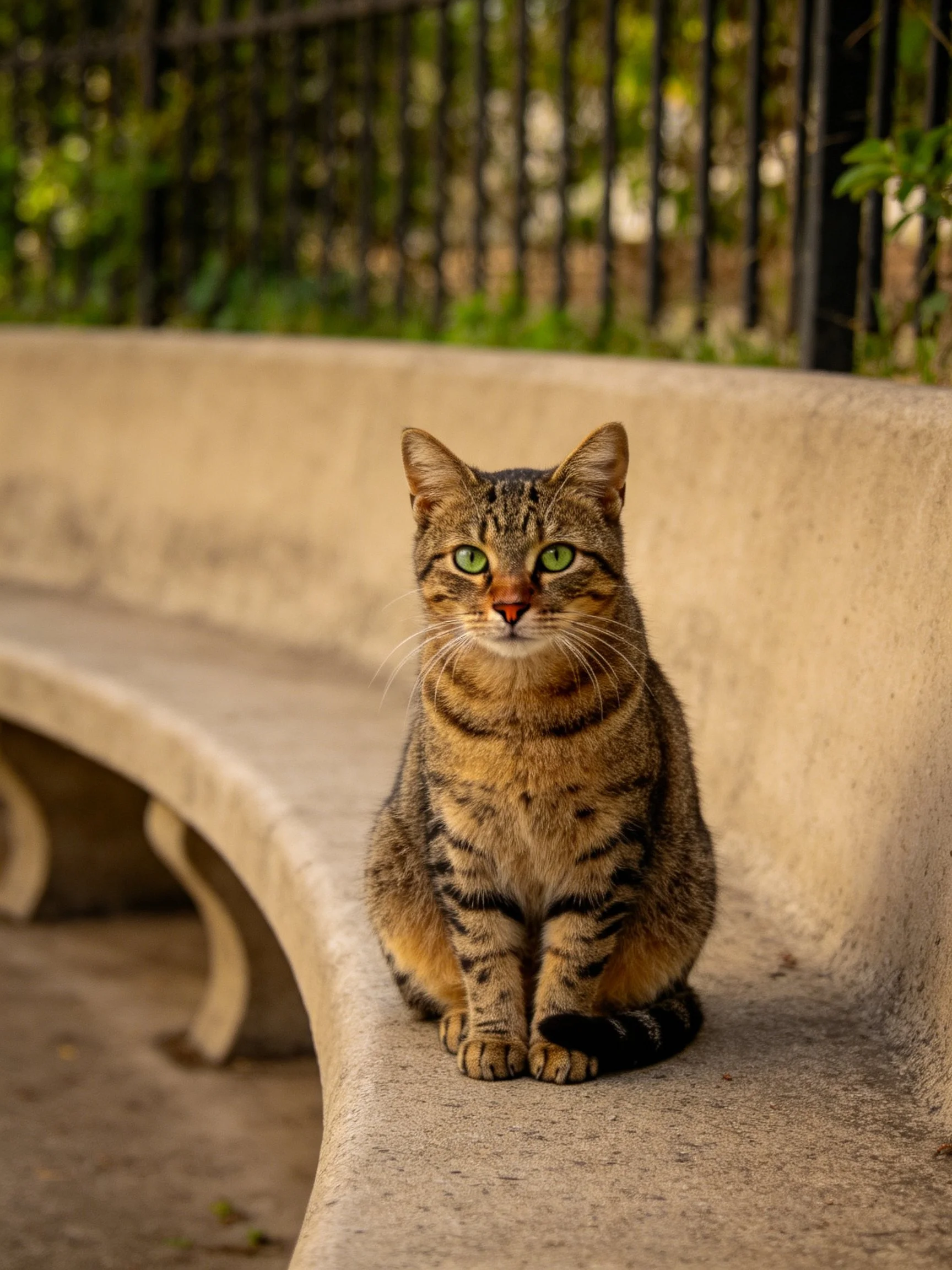 A tabby cat with green eyes sits on a curved concrete bench