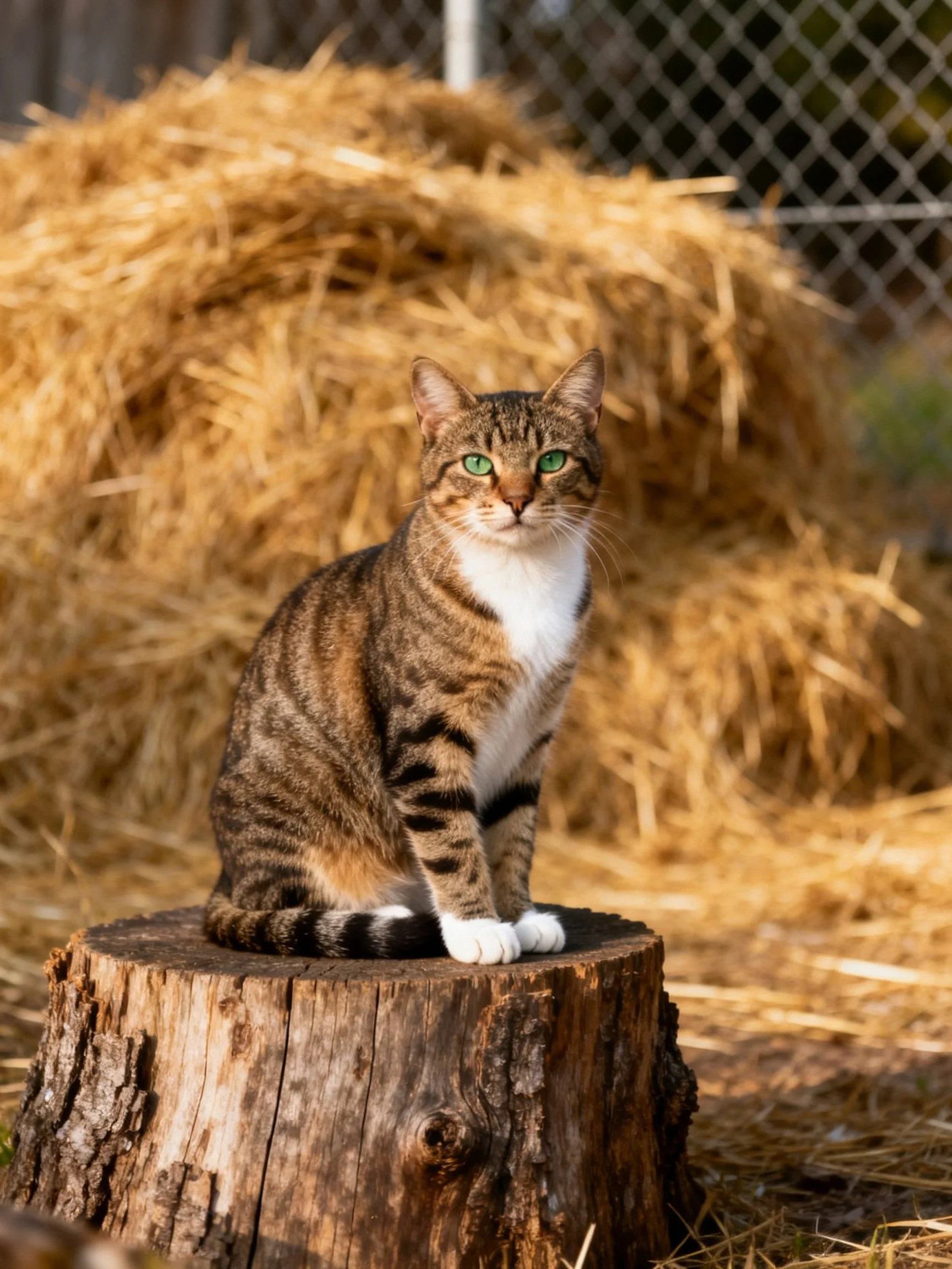 A tabby cat with green eyes sits on a tree stump near golden hay