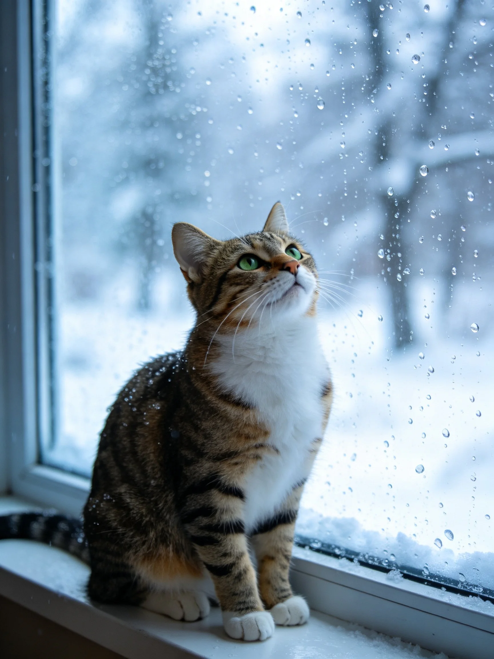 A tabby cat gazes out from a windowsill at a rainy, snowy winter landscape.