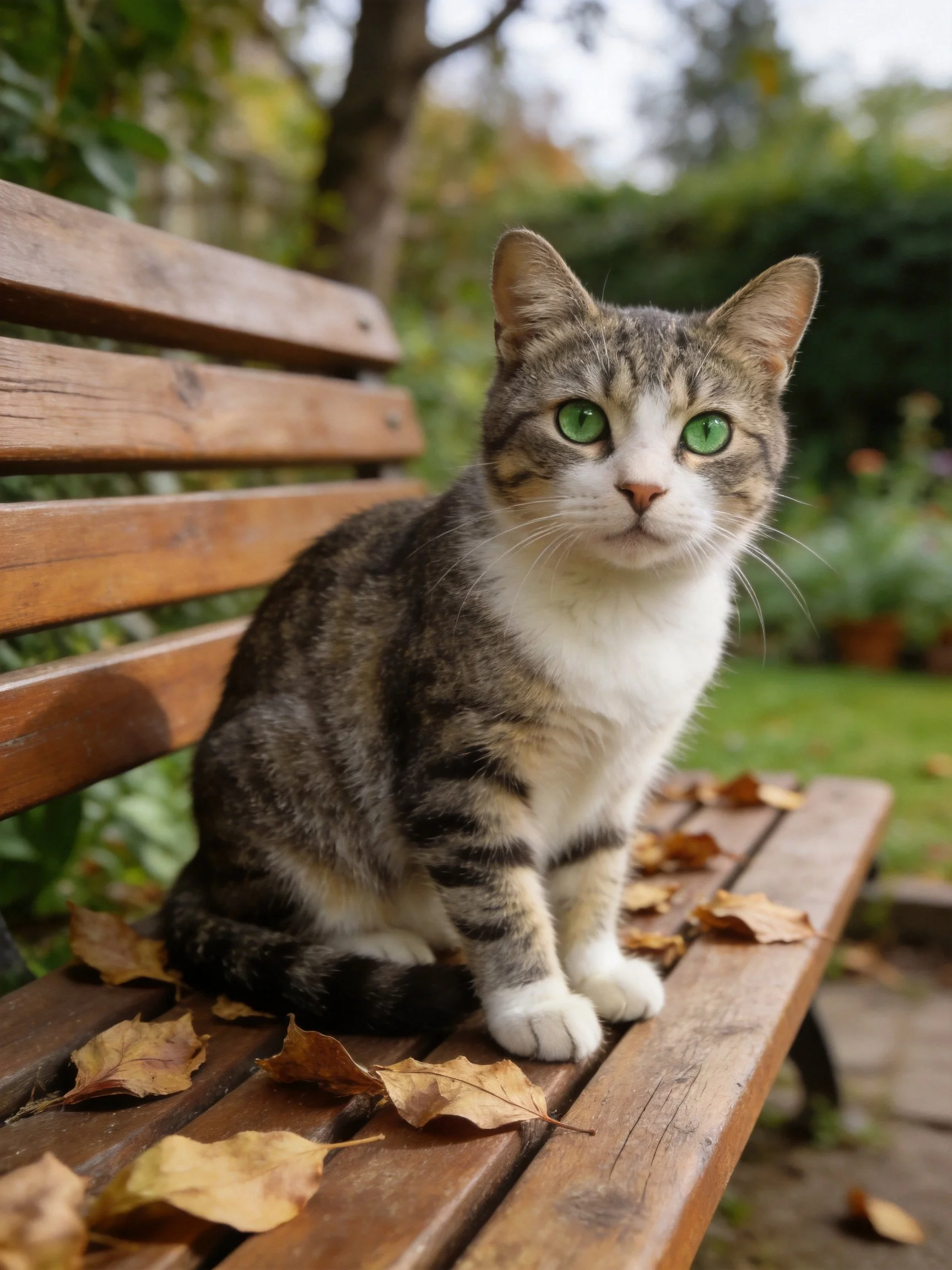 A tabby cat with green eyes rests on a wooden bench in a leaf-filled garden.