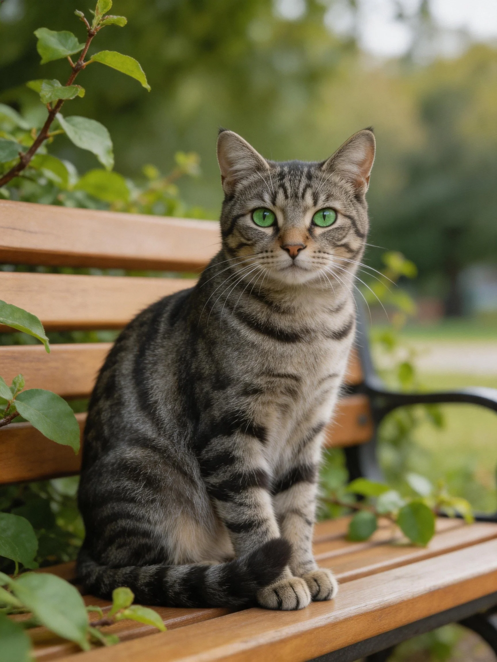 A tabby cat with green eyes sits on a wooden park bench
