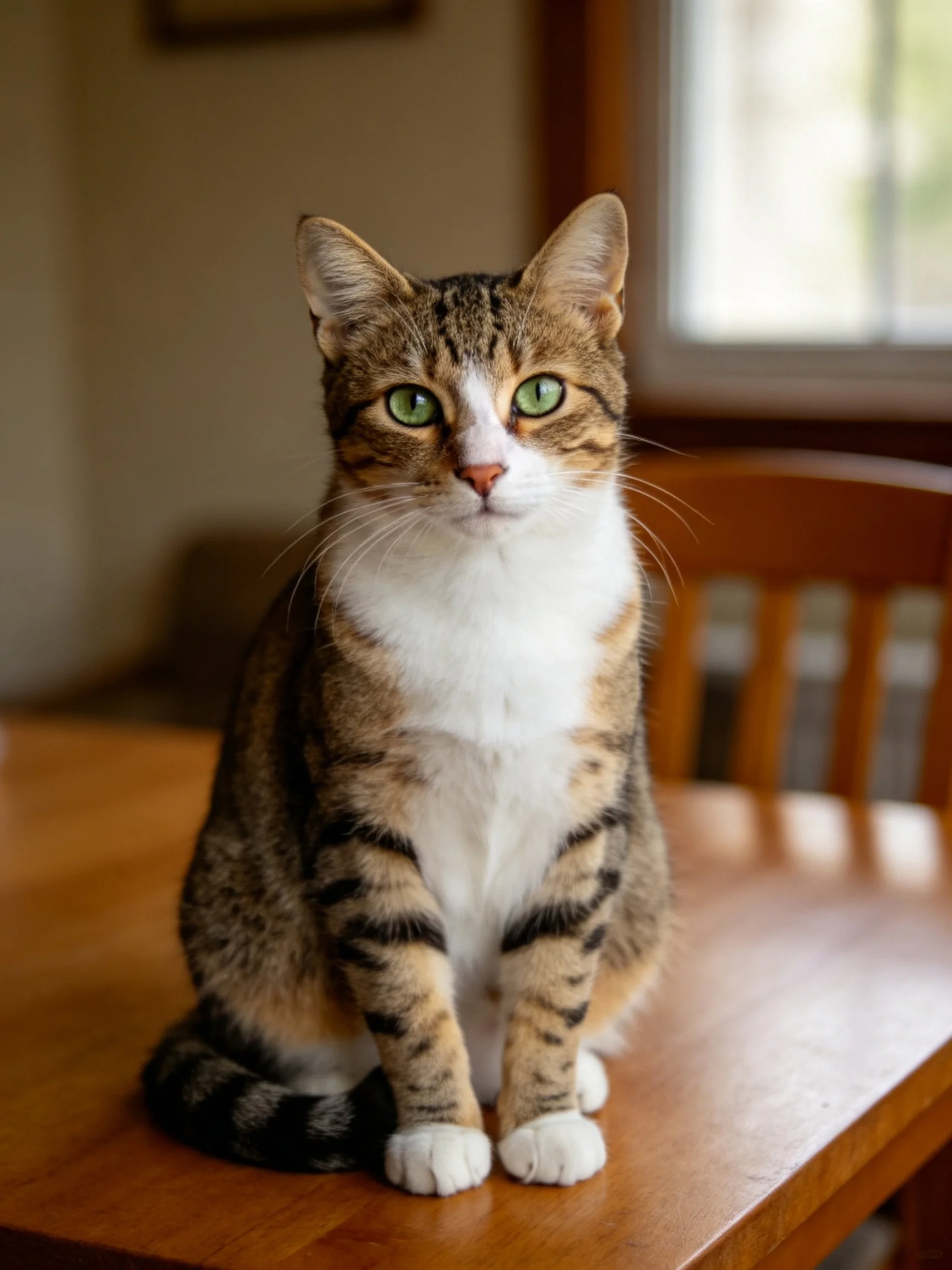 A tabby cat with green eyes sits on a wooden table indoors