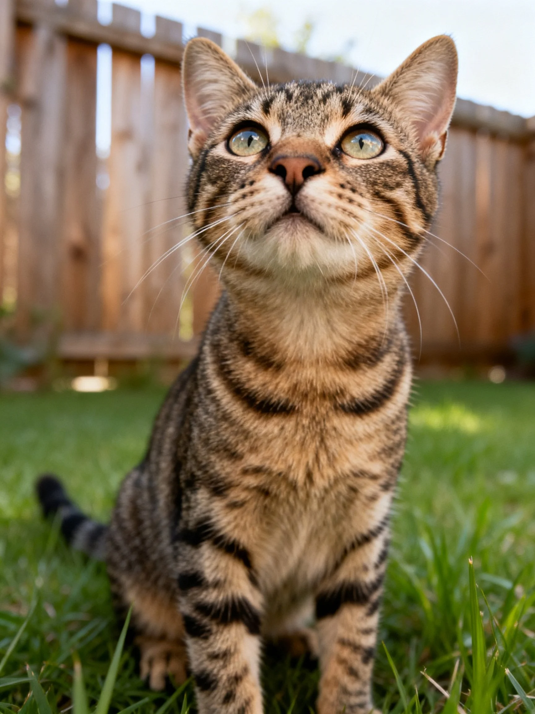 A tabby cat with green eyes sits on grass beside a wooden fence