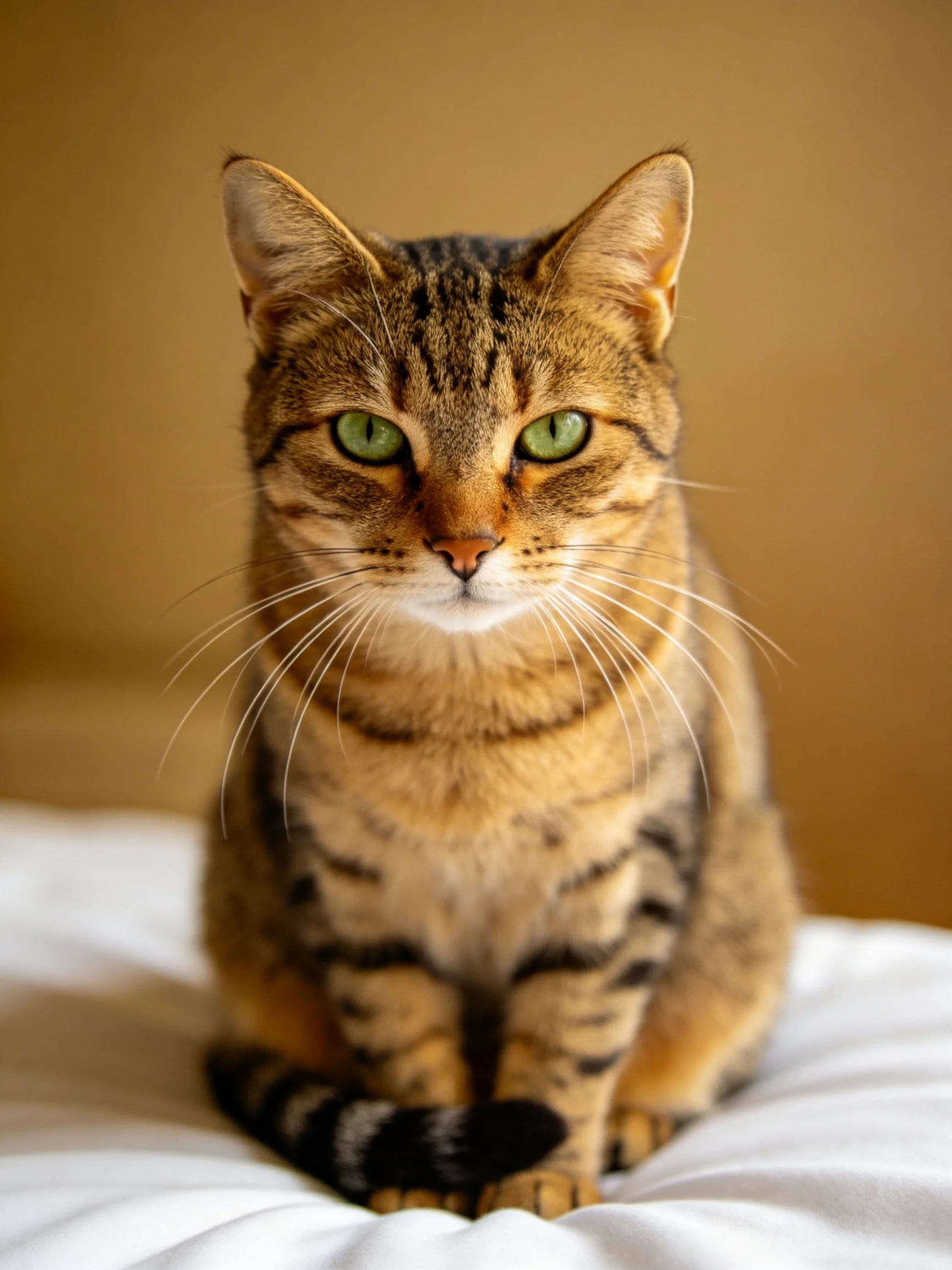 A tabby cat with green eyes sits calmly on white fabric in a softly lit setting.