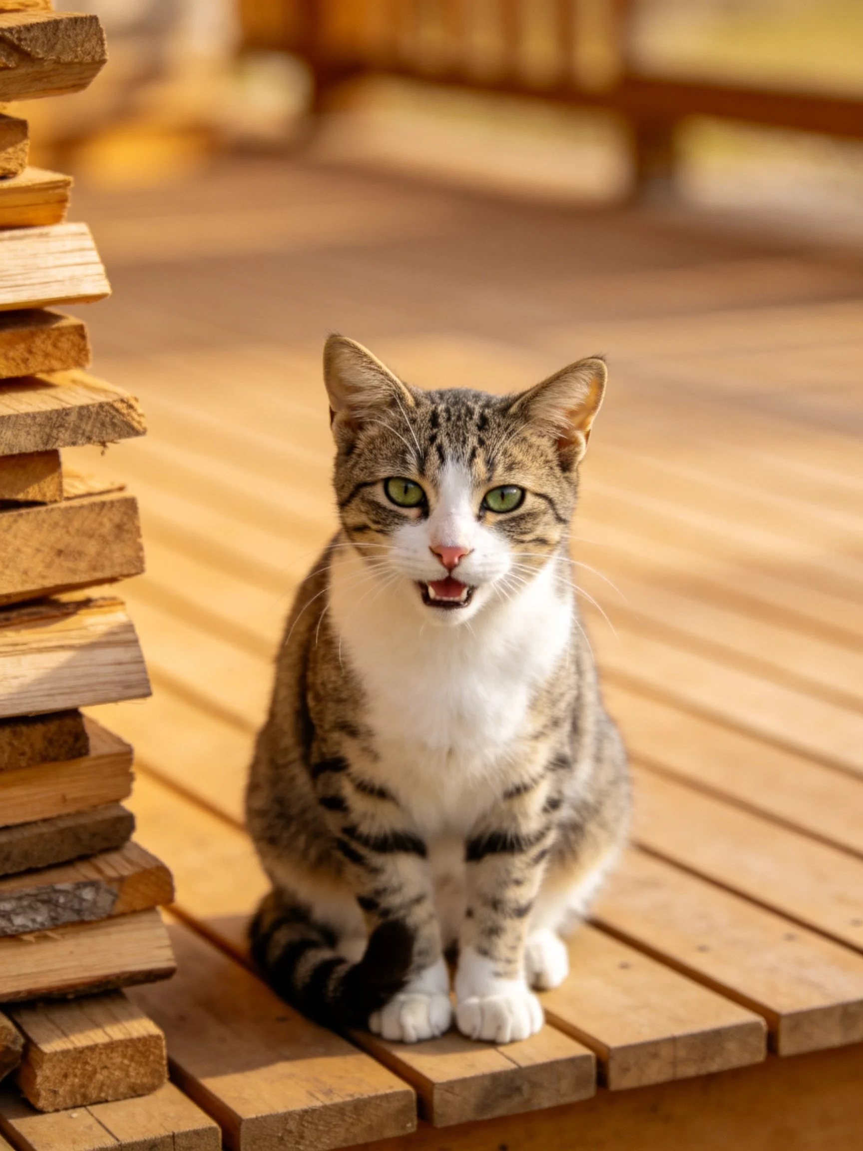A tabby cat with green eyes sits on wooden planks beside stacked lumber.