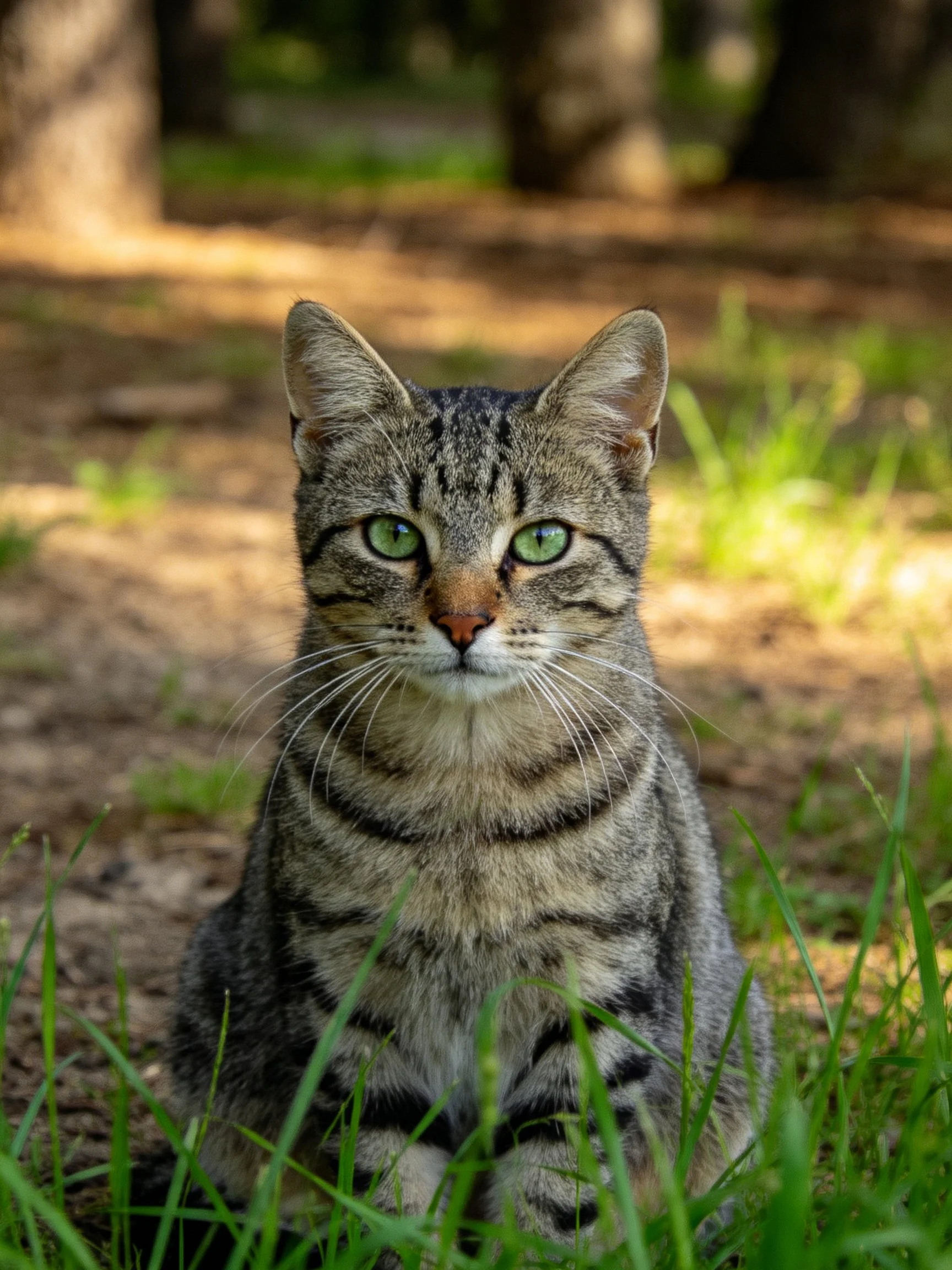 A tabby cat with green eyes sitting among grass and dirt near trees