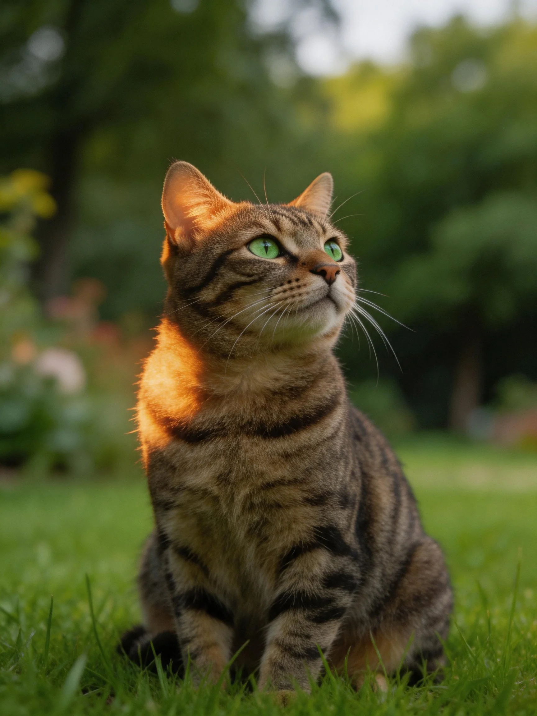 A tabby cat with green eyes sitting on grass in a garden