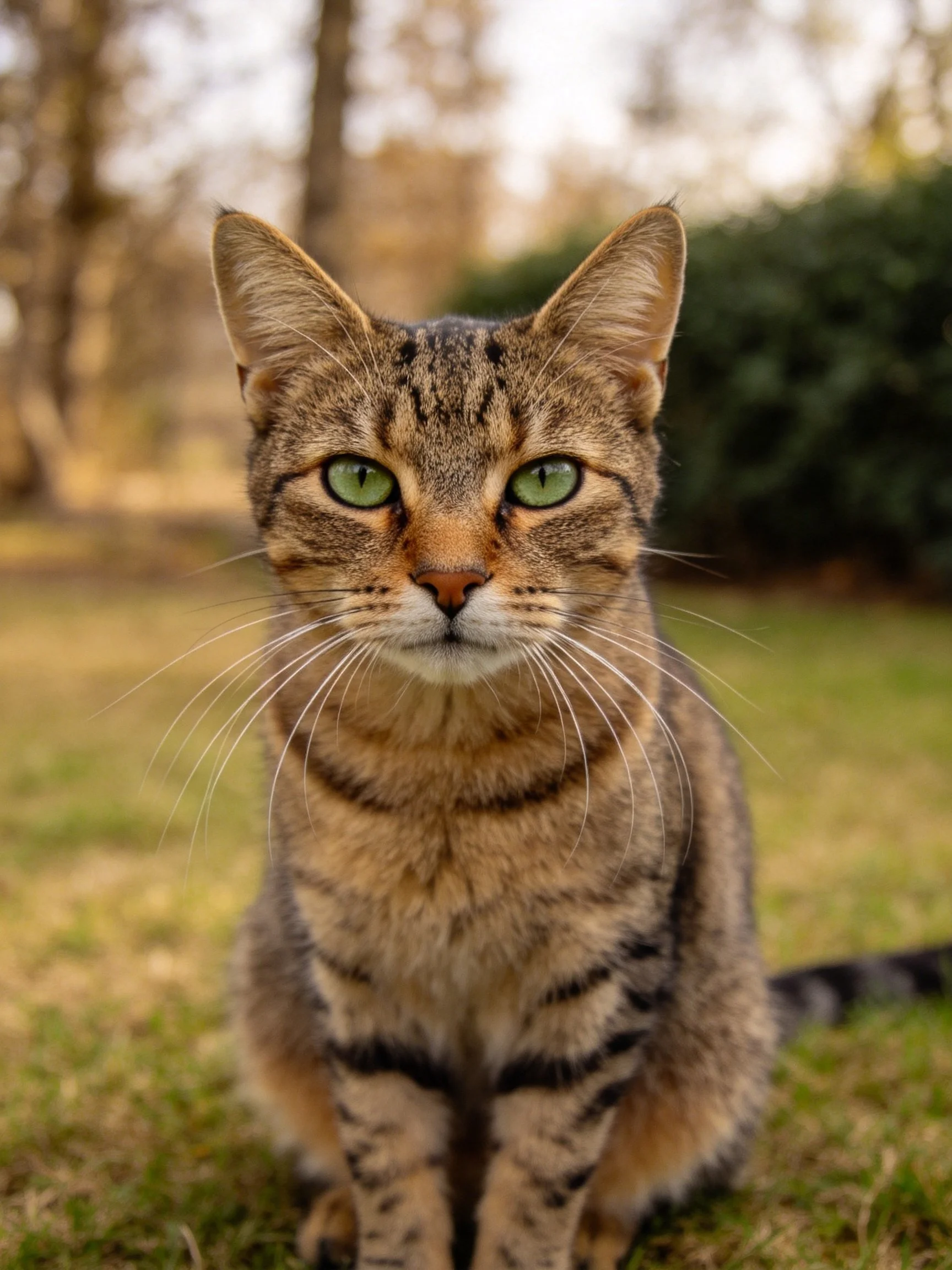 A tabby cat with green eyes sitting on grass outdoors