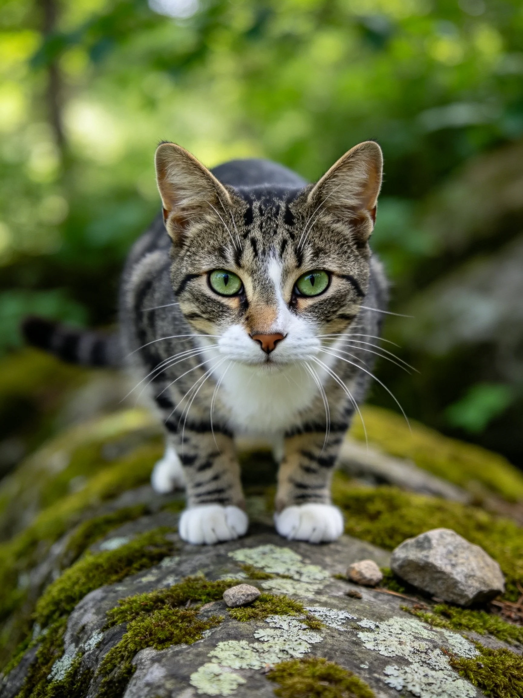 A tabby cat with green eyes standing on moss-covered rocks