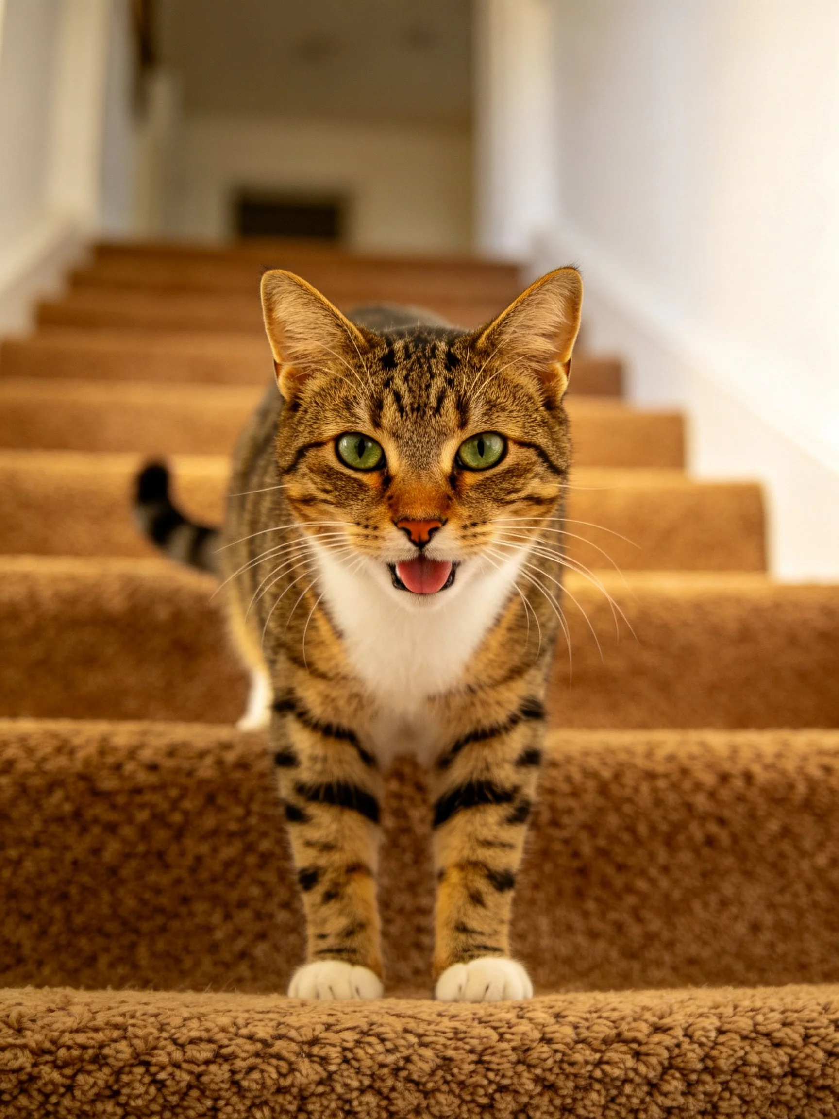 A tabby cat with green eyes stands on brown carpeted stairs