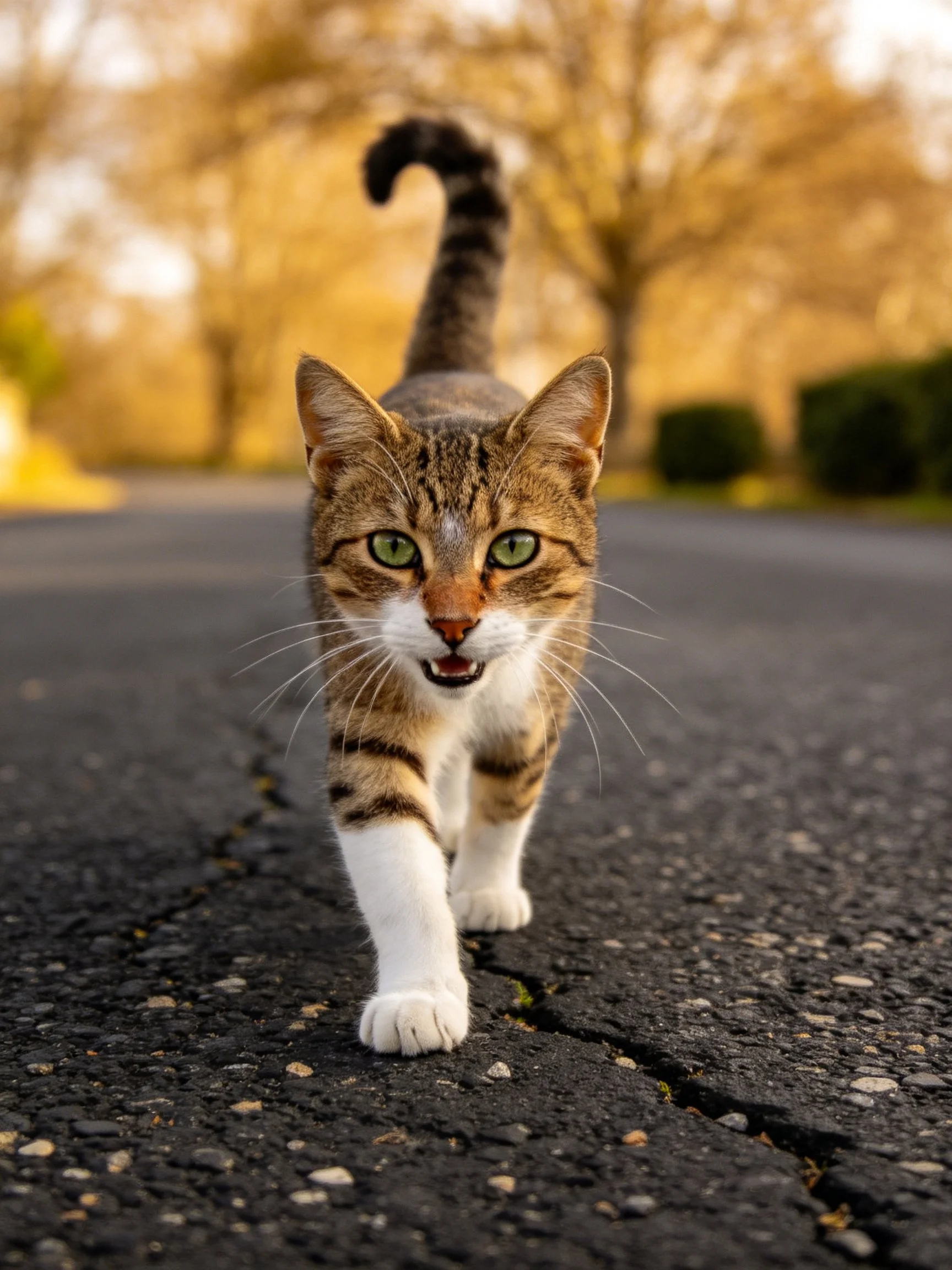 A tabby cat with green eyes walks along cracked asphalt near autumnal trees