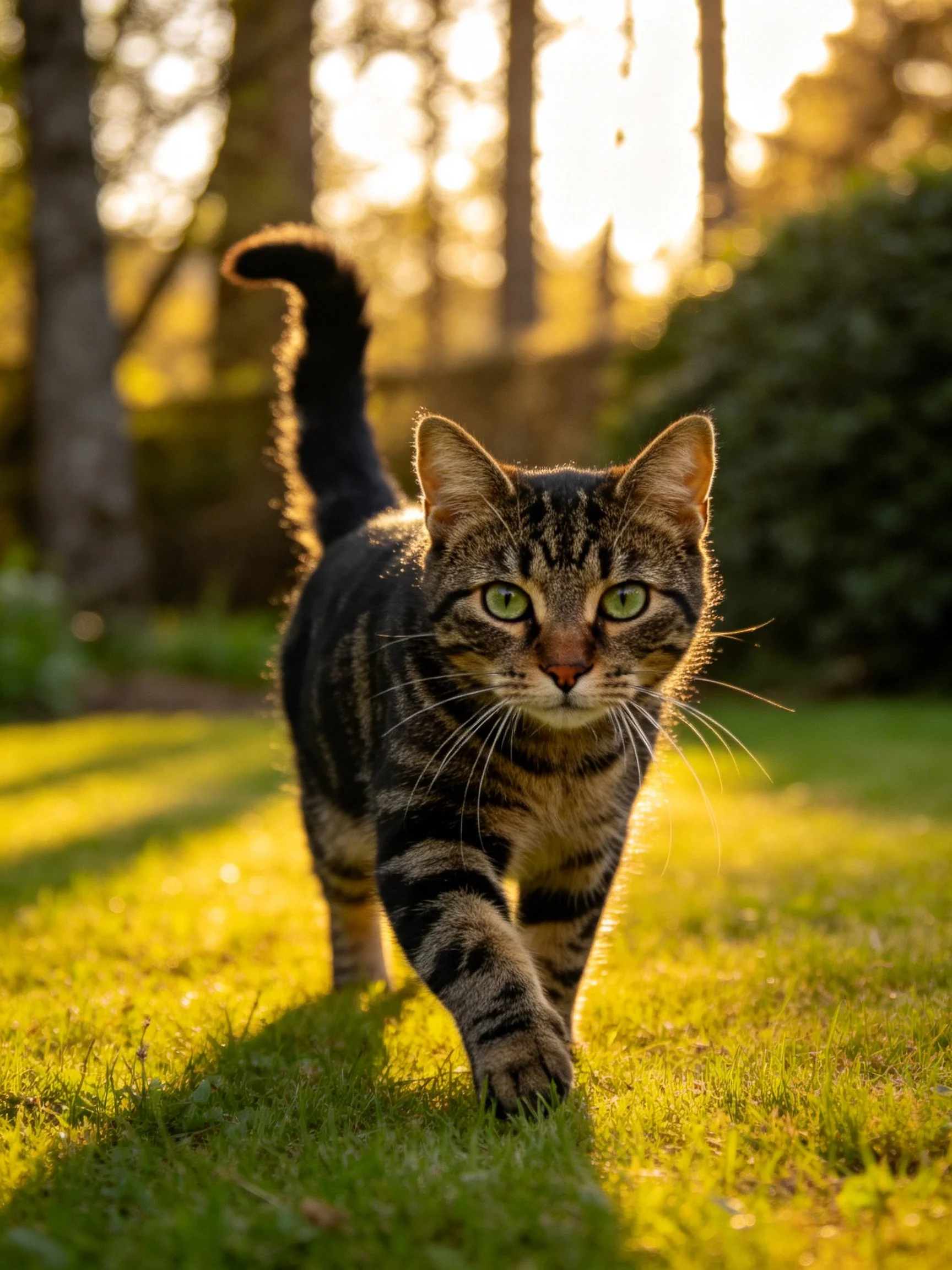 A tabby cat with green eyes walks through golden sunlight on grass