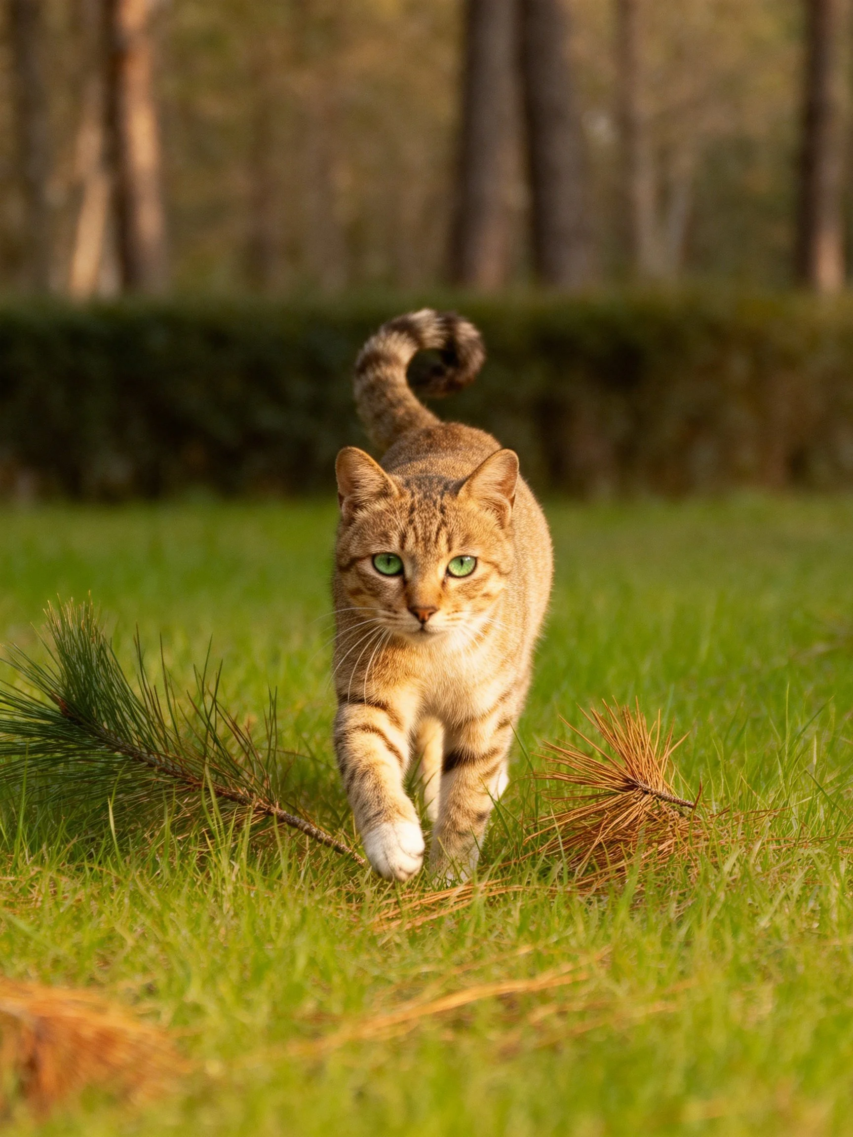A tabby cat with green eyes walks through grass near pine branches