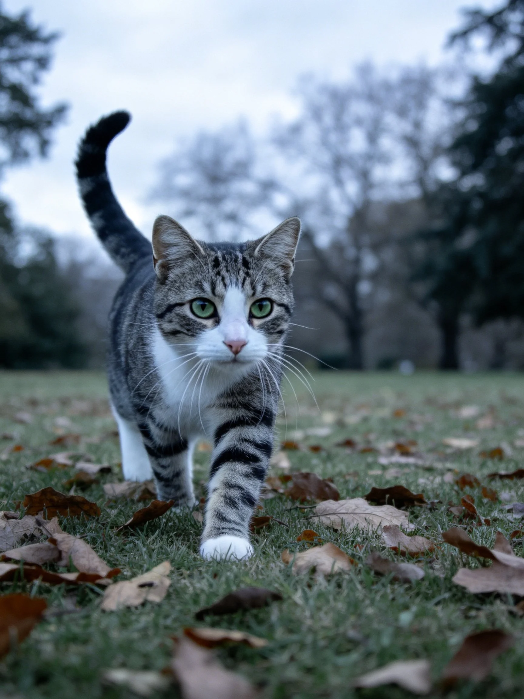A tabby cat with green eyes walks through scattered autumn leaves