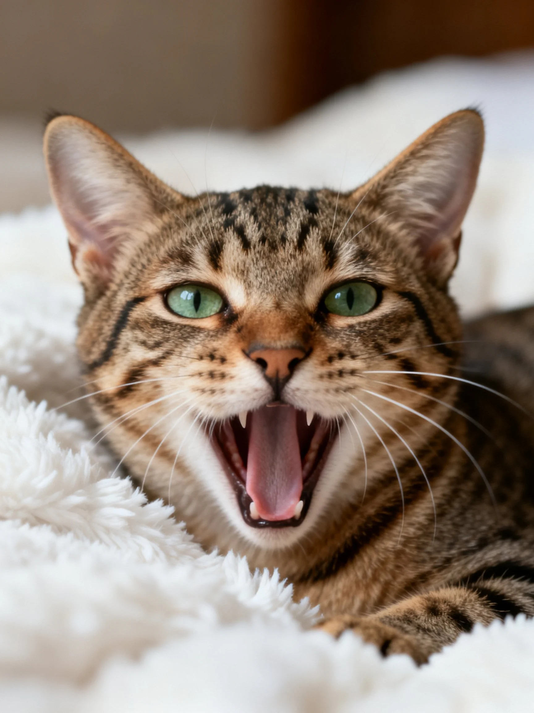 A tabby cat with green eyes yawning on a soft white blanket
