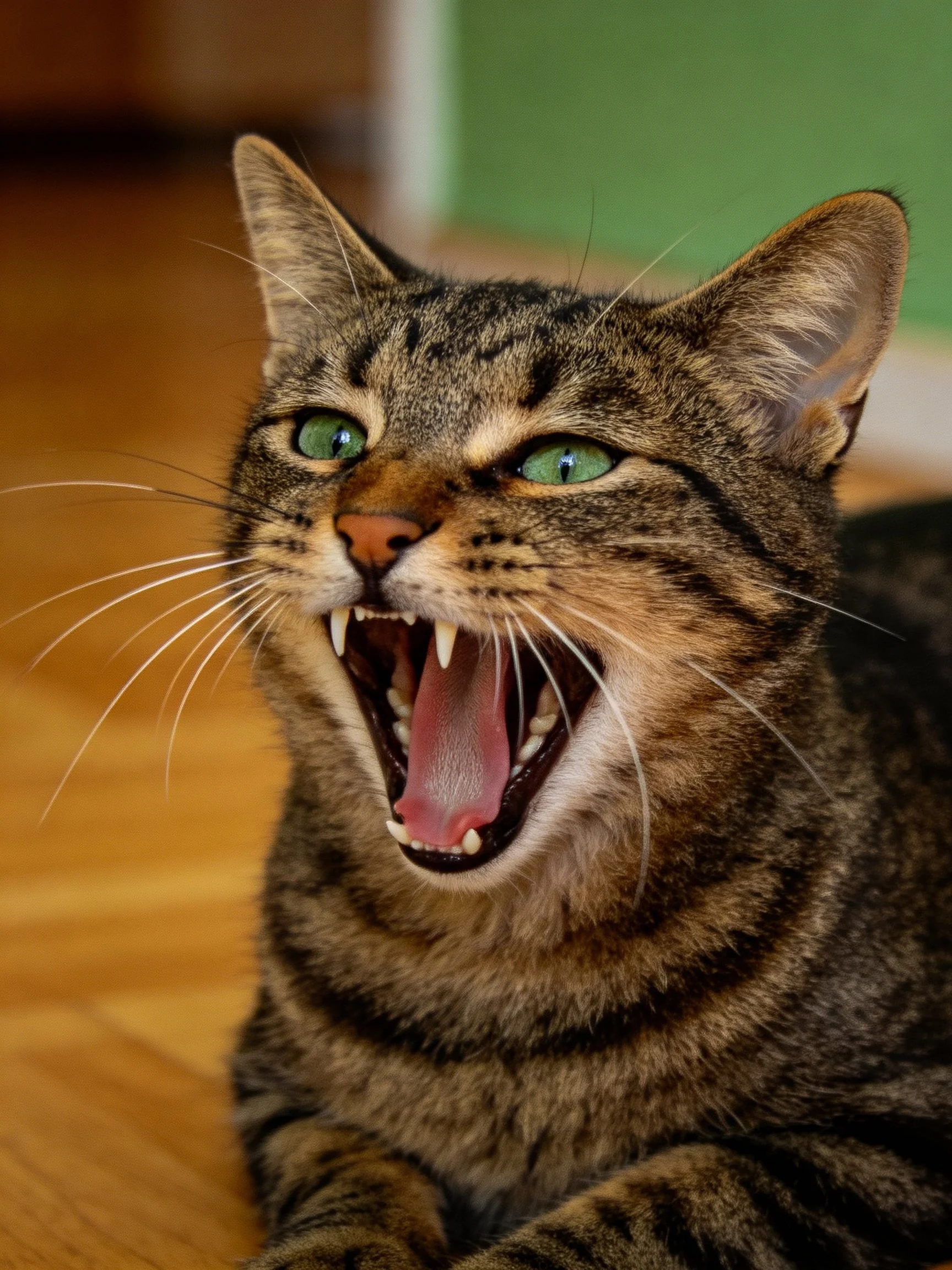 A tabby cat with green eyes yawning on wooden flooring