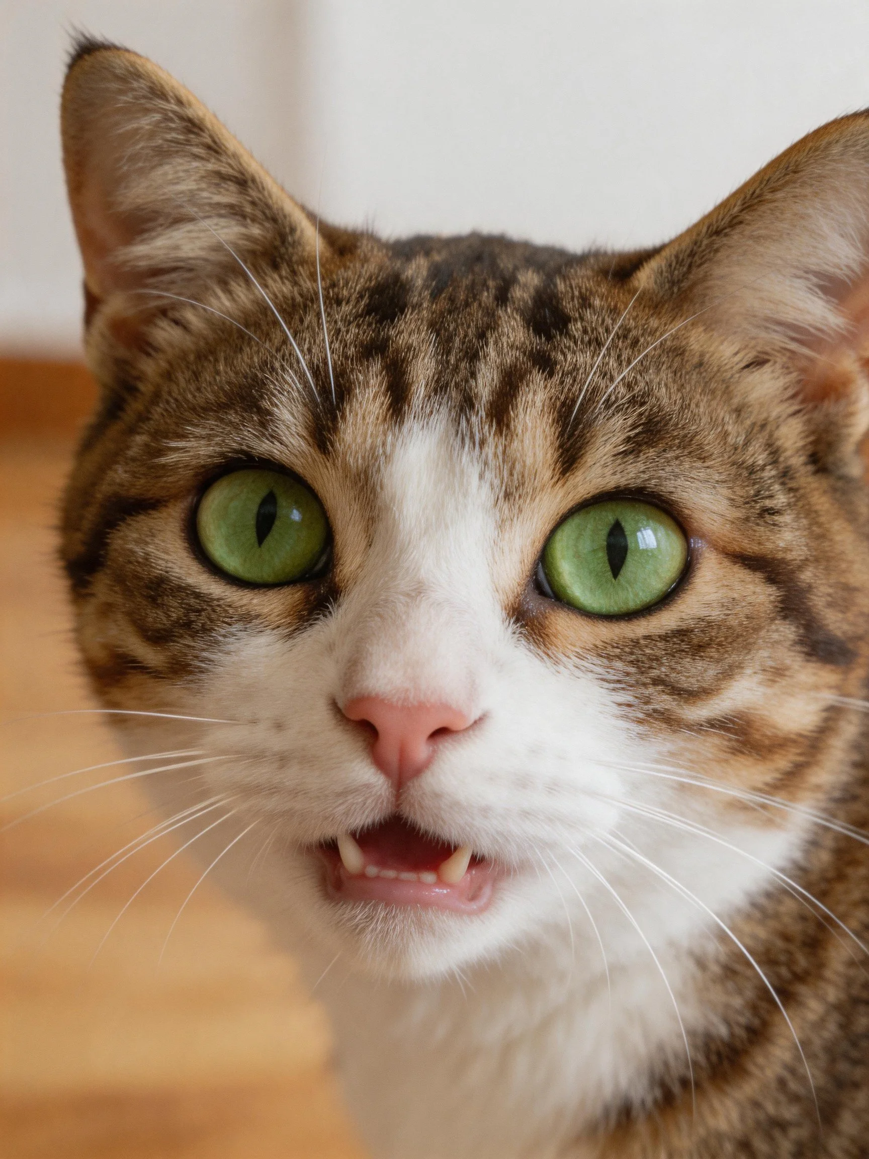 A close-up of a tabby cat with green eyes and pink nose.