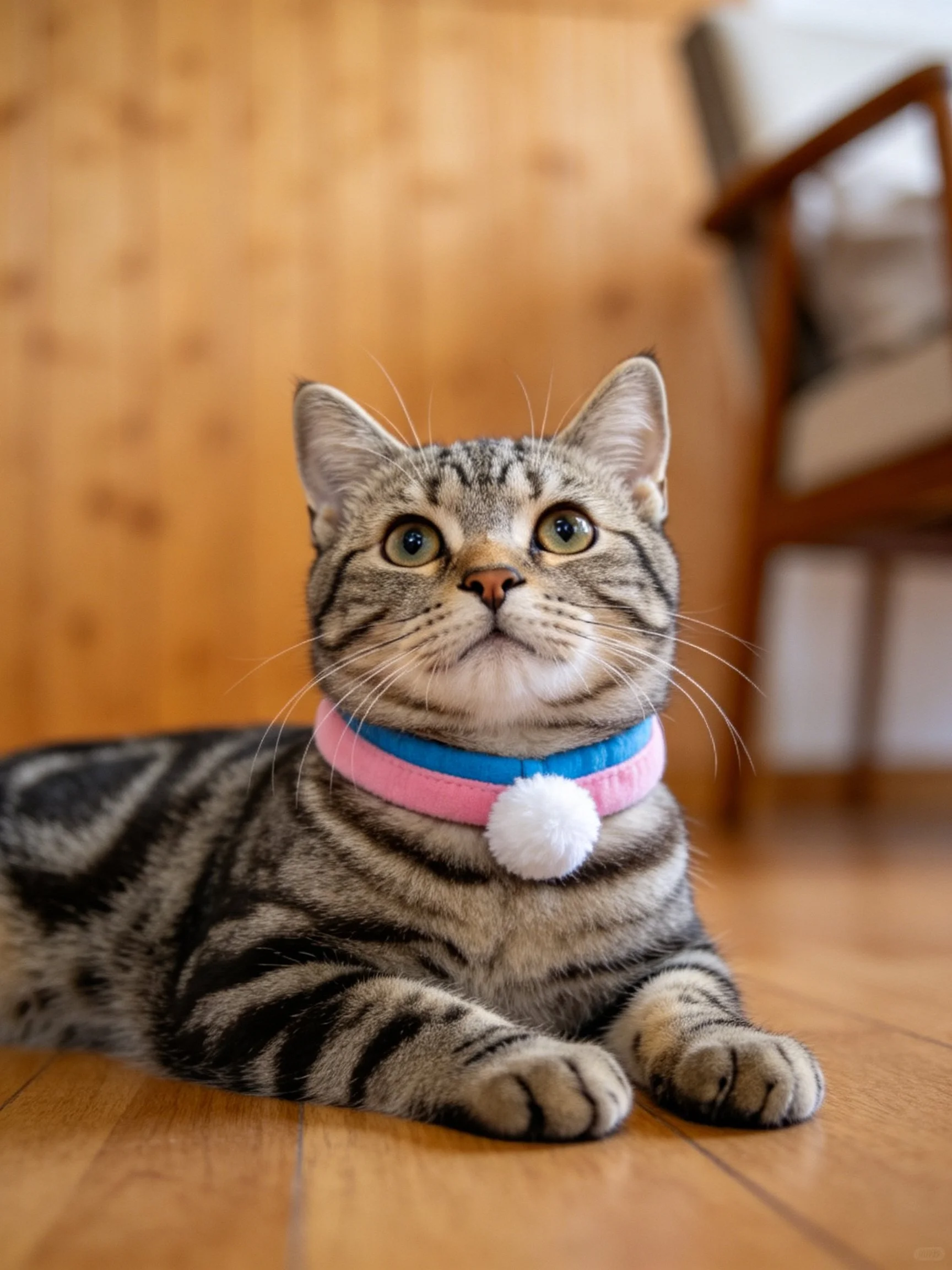 A tabby cat wearing a pink and blue collar rests on wooden flooring.